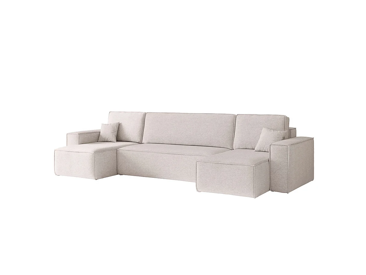 Canapé panoramique d'angle FARAH convertible avec rangement en tissu - Beige