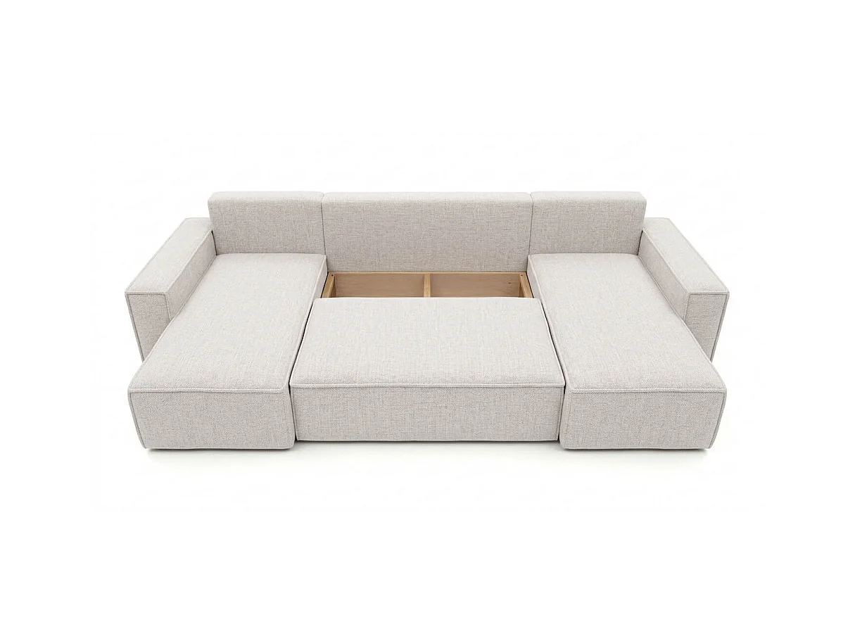 Canapé panoramique d'angle FARAH convertible avec rangement en tissu - Blanc