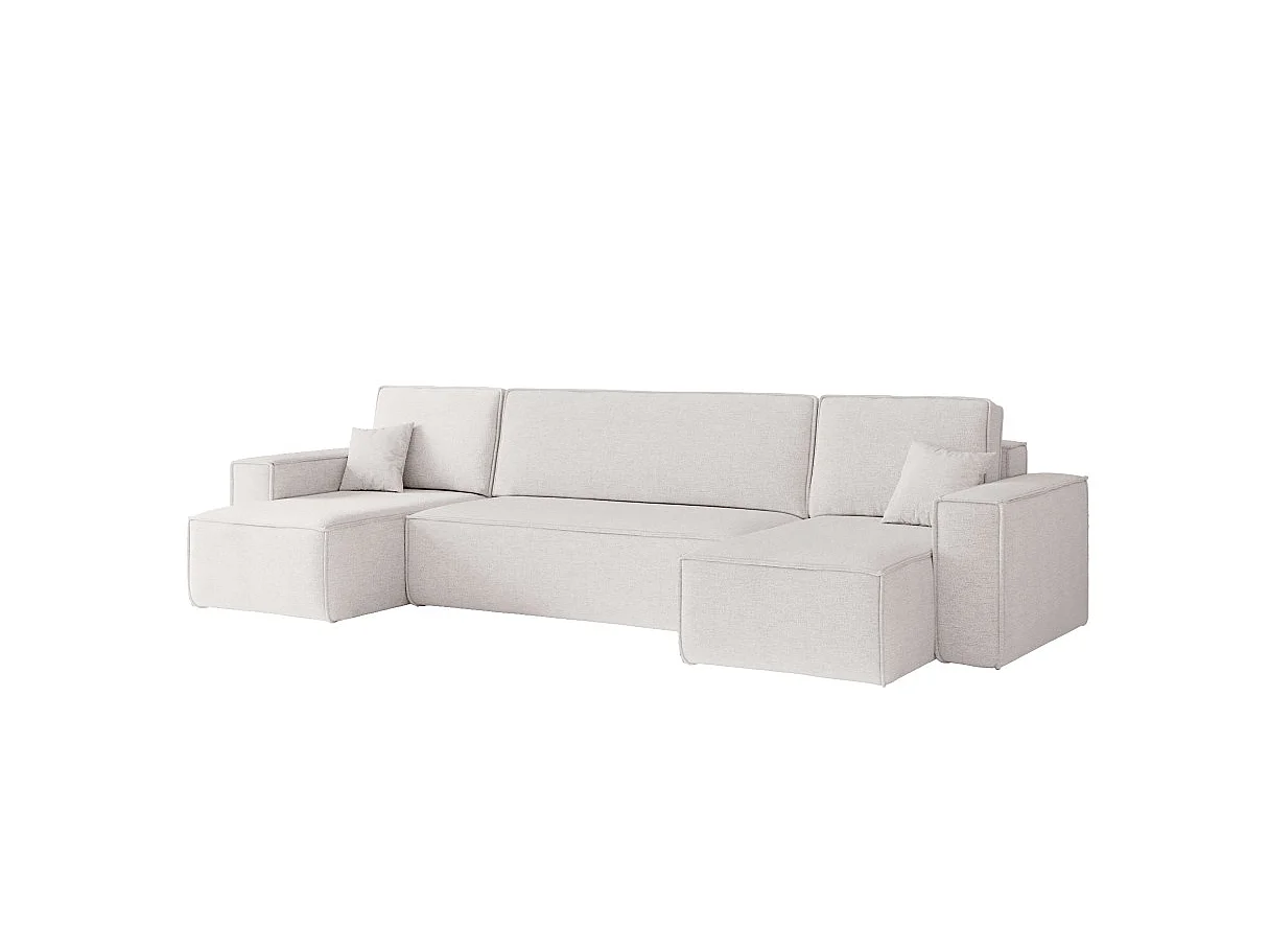 Canapé panoramique d'angle FARAH convertible avec rangement en tissu - Blanc