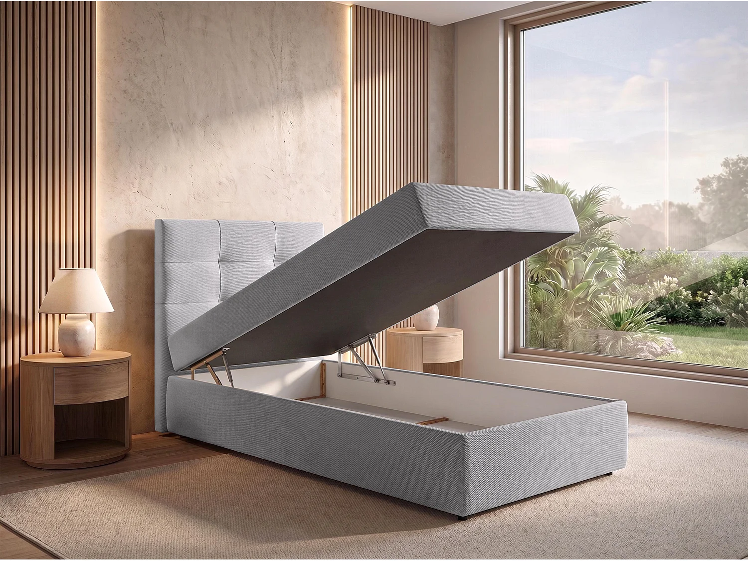 AX LIVING Boxspring Sakarya 90x200 cm lichtgrijs – met opbergruimte, Bonnellvering H2/H3 (zonder topper)
