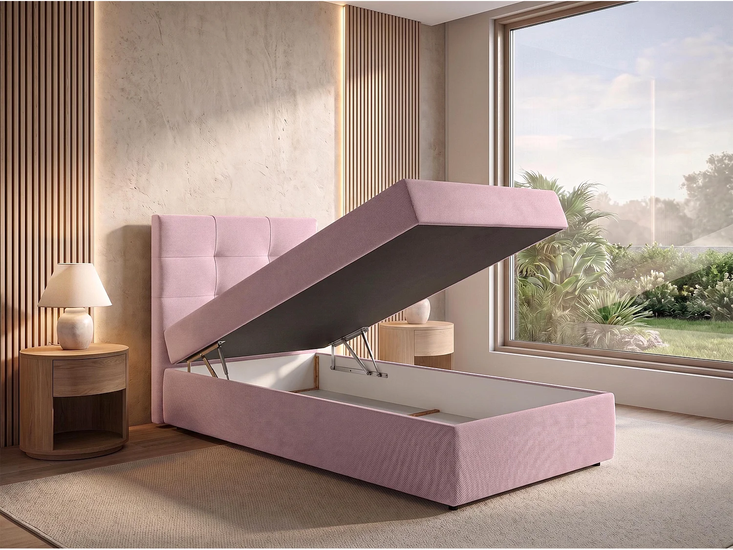 AX LIVING Lit boxspring Sakarya 100x200 cm vieux rose – avec coffre de rangement, ressorts Bonnell H2/H3 (sans surmatelas)