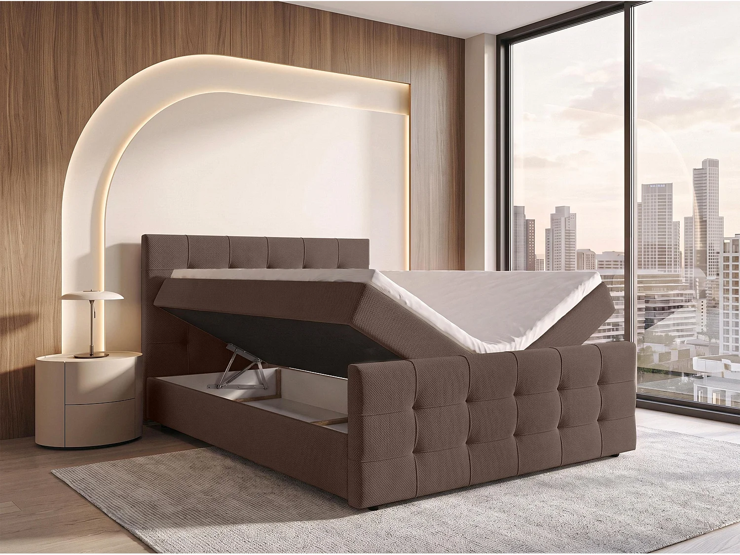 AX LIVING Lit boxspring Defne 140x200 cm marron – ensemble complet avec surmatelas et pied de lit, H2/H3