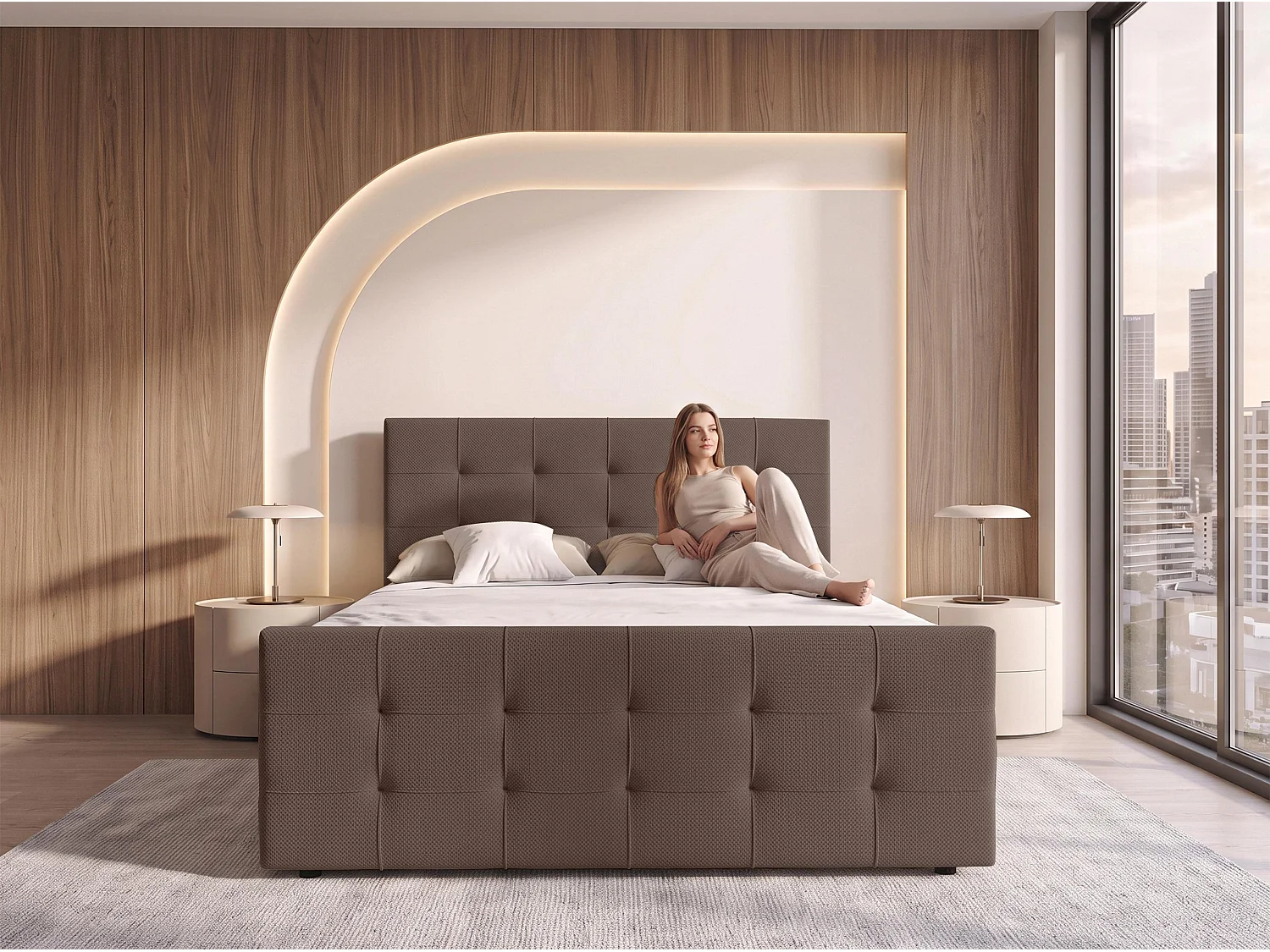 AX LIVING Lit boxspring Defne 140x200 cm marron – ensemble complet avec surmatelas et pied de lit, H2/H3