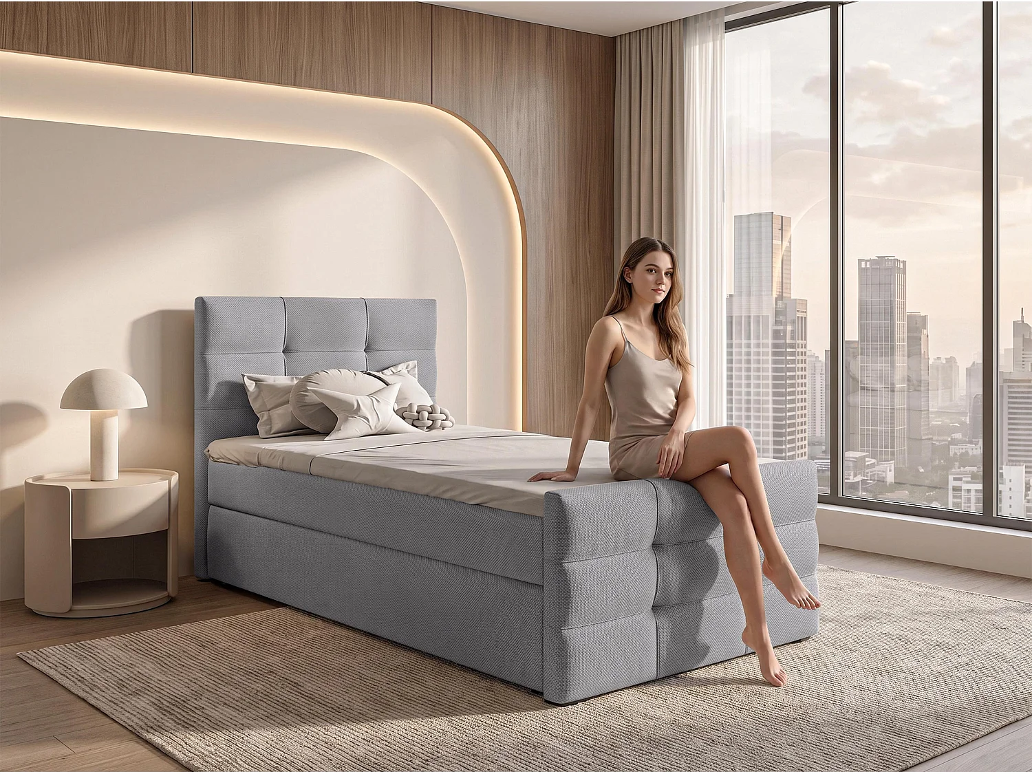 AX LIVING Boxspring Defne 100x200 cm lichtgrijs – met voetbord en opbergruimte, Bonnellvering H2/H3