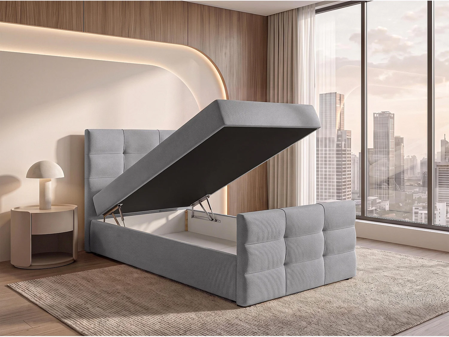 AX LIVING Boxspring Defne 100x200 cm lichtgrijs – met voetbord en opbergruimte, Bonnellvering H2/H3