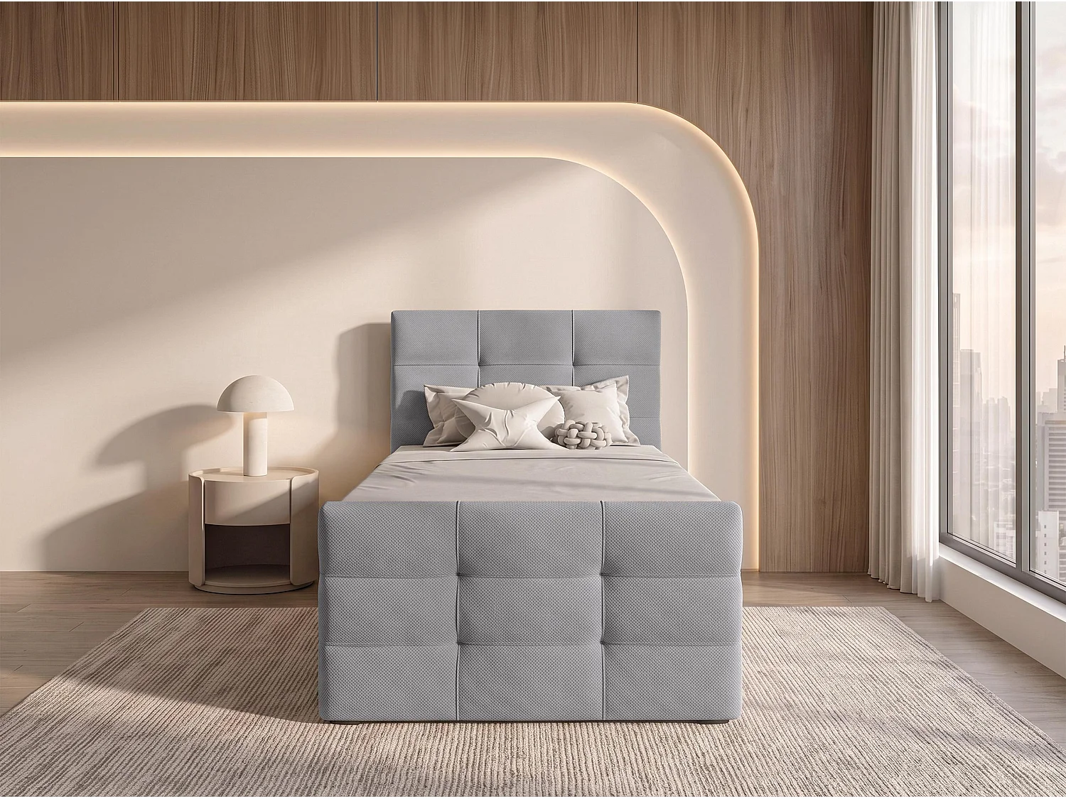 AX LIVING Boxspring Defne 100x200 cm lichtgrijs – met voetbord en opbergruimte, Bonnellvering H2/H3
