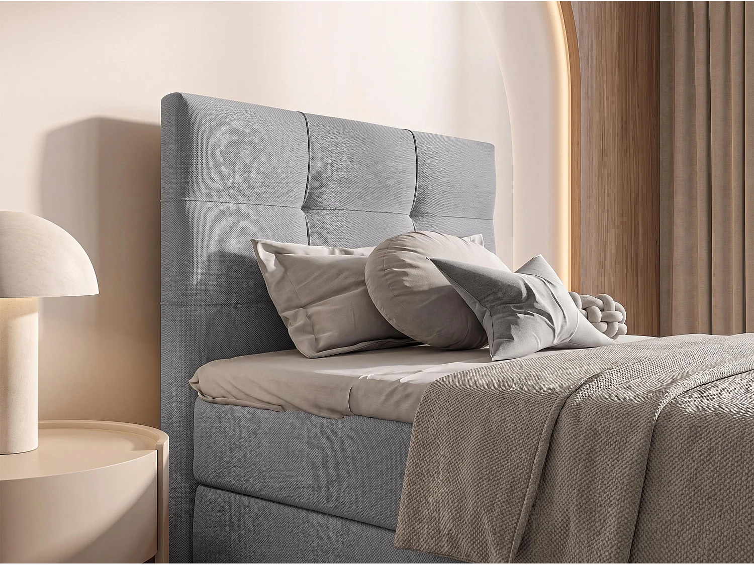 AX LIVING Boxspring Defne 100x200 cm lichtgrijs – met voetbord en opbergruimte, Bonnellvering H2/H3