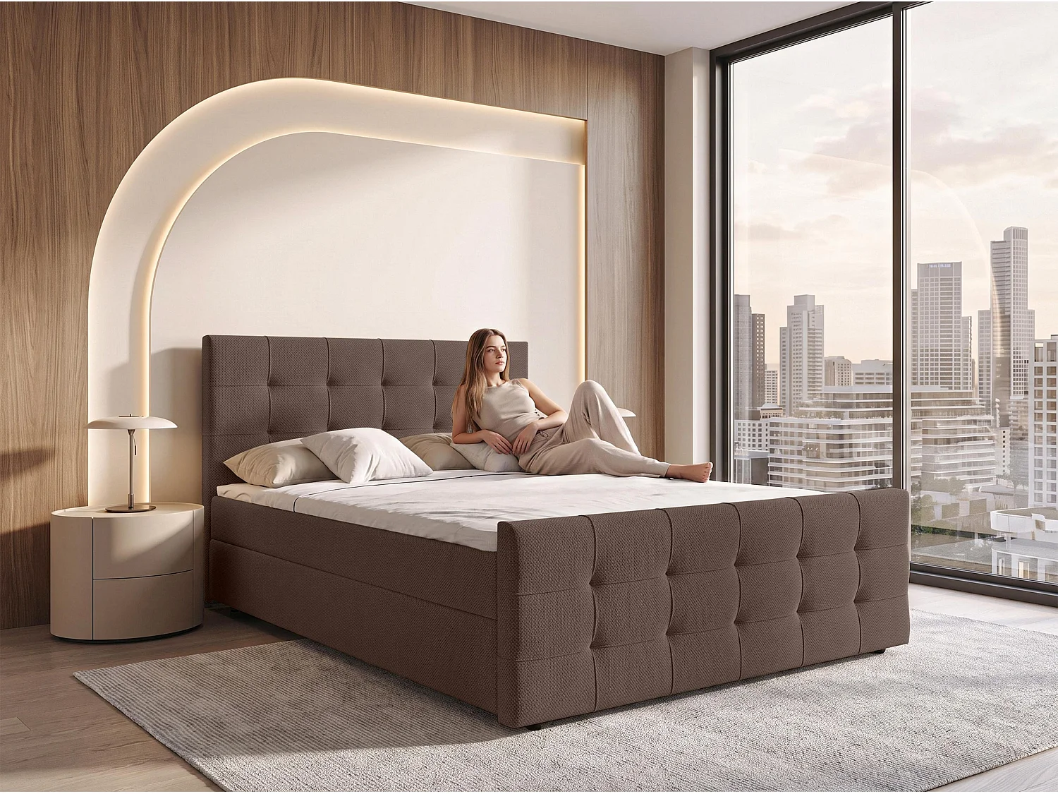 AX LIVING Lit boxspring Defne 160x200 cm marron – avec pied de lit et coffre de rangement, ressorts Bonnell H2/H3