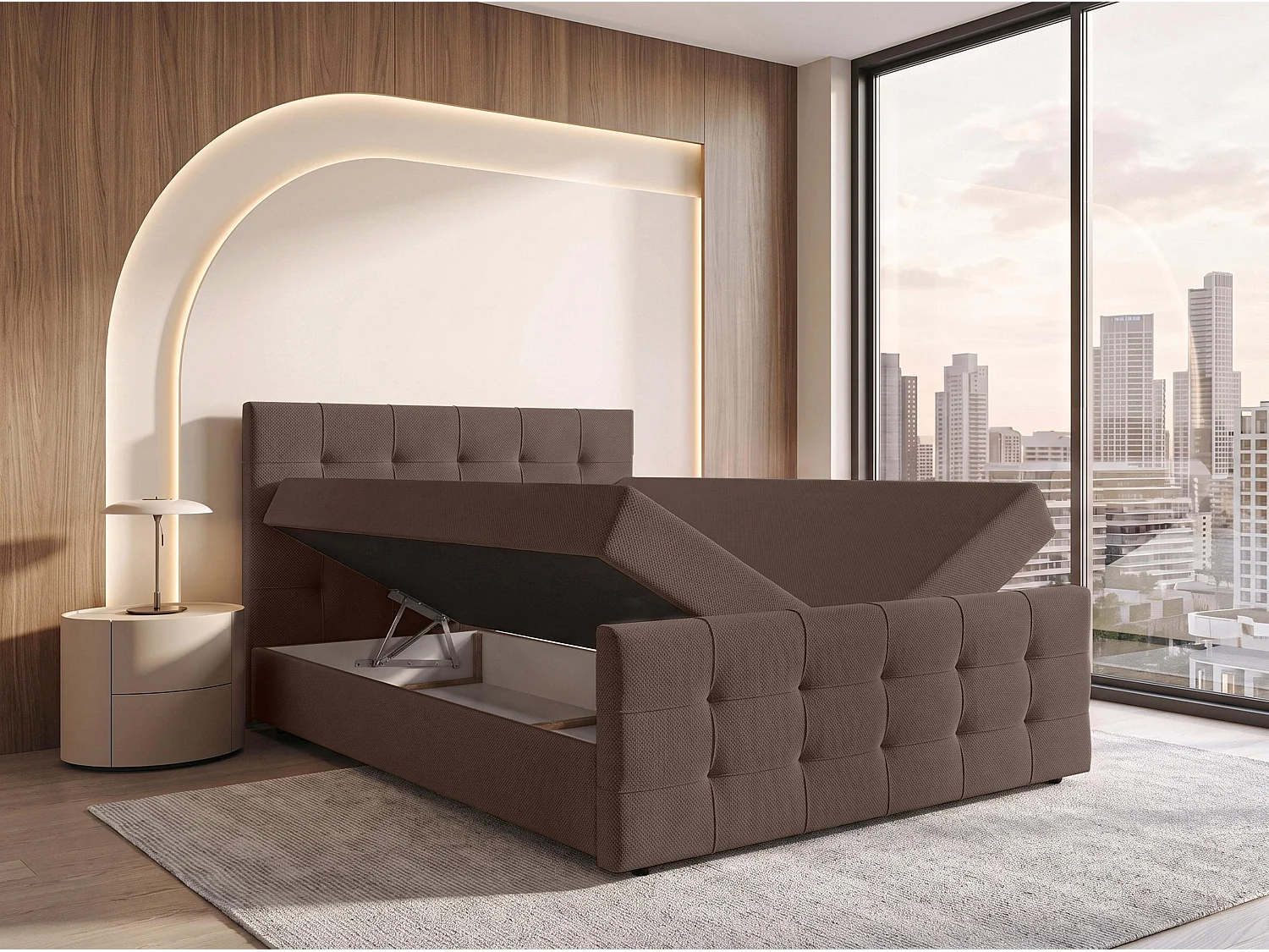 AX LIVING Lit boxspring Defne 160x200 cm marron – avec pied de lit et coffre de rangement, ressorts Bonnell H2/H3