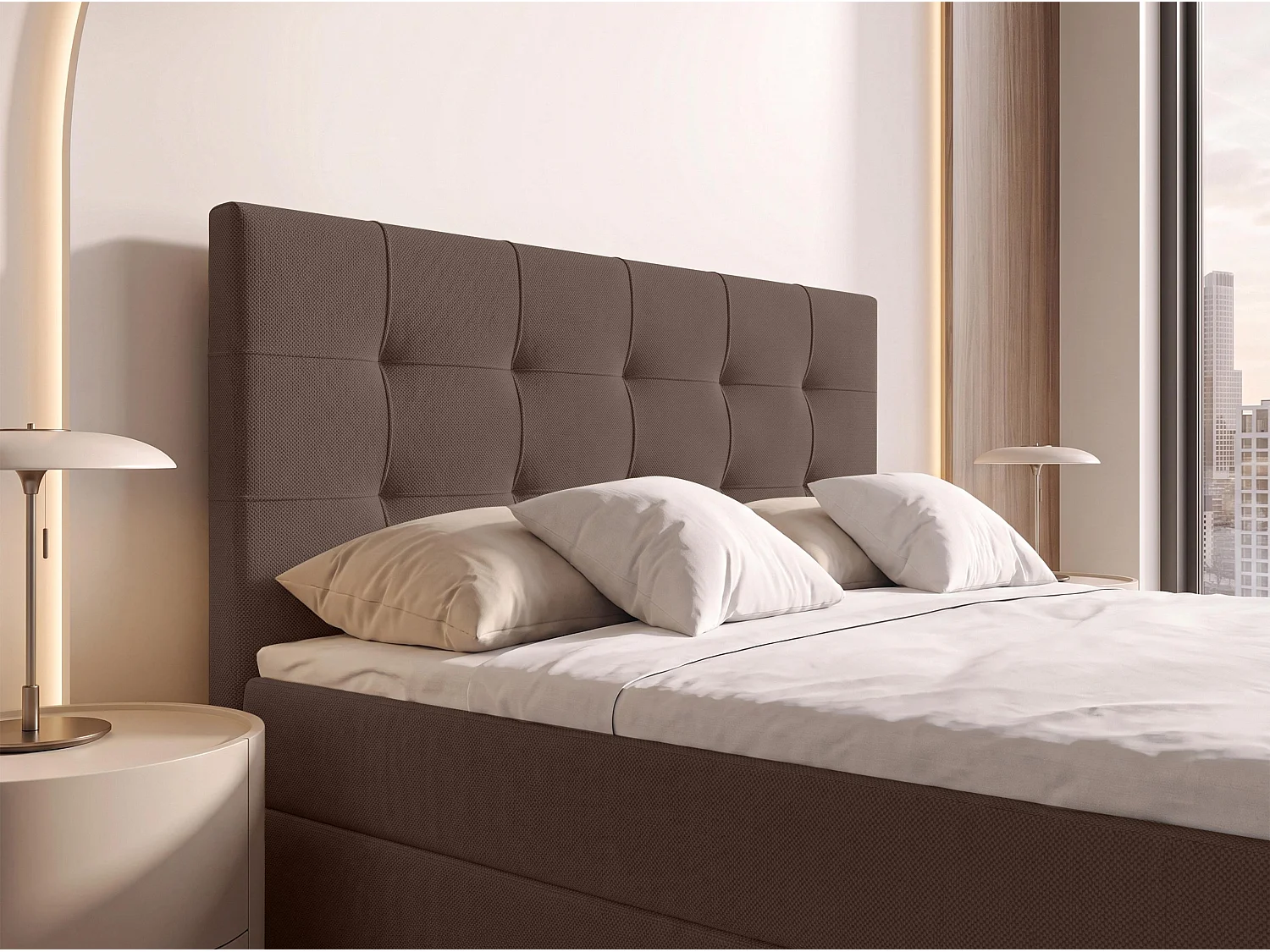 AX LIVING Lit boxspring Defne 160x200 cm marron – avec pied de lit et coffre de rangement, ressorts Bonnell H2/H3