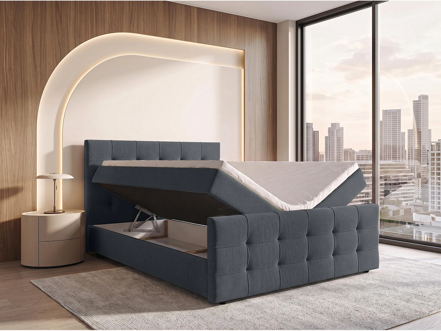 AX LIVING Boxspring Defne 180x200 cm donkergrijs – complete set met topper en voetbord, H2/H3