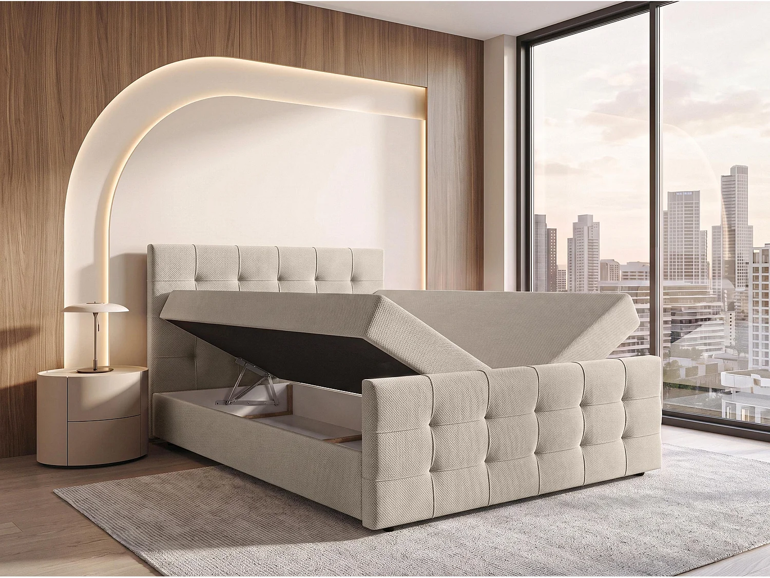 AX LIVING Boxspringbett 160x200 cm Defne Beige - mit Fußteil & Bettkasten, Bonell H2/H3