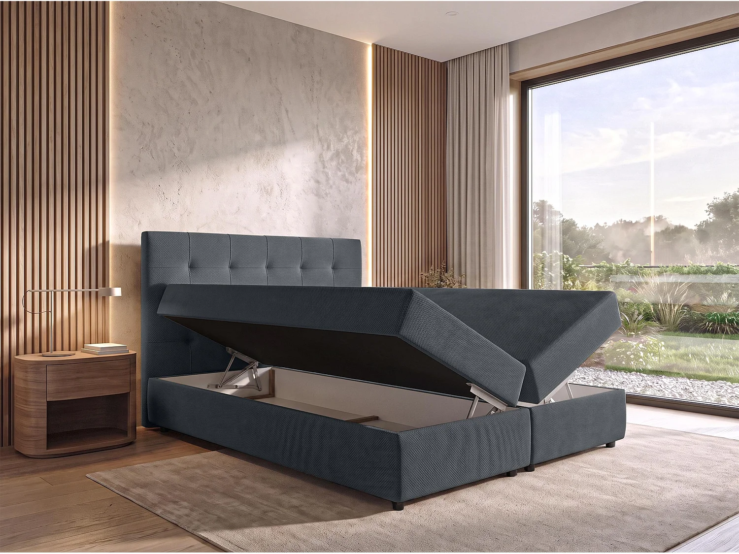 AX LIVING Lit boxspring Sakarya 180x200 cm gris foncé – avec coffre de rangement, ressorts Bonnell H2/H3 (sans surmatelas)