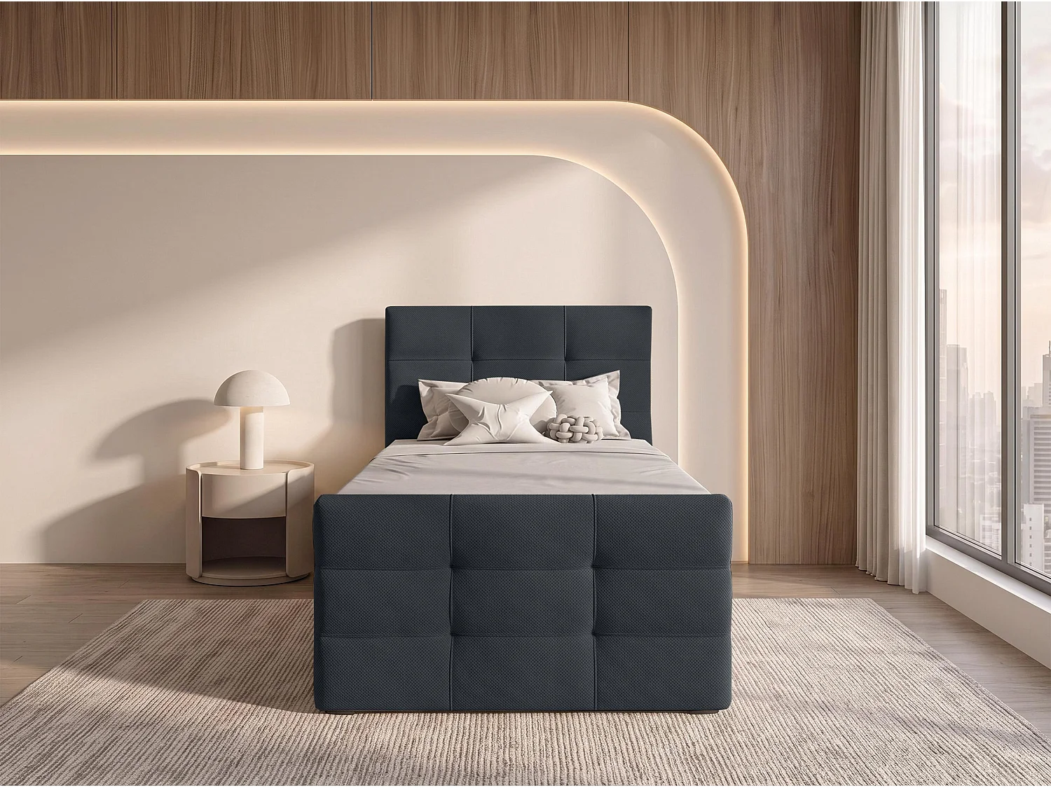 AX LIVING Lit boxspring Defne 90x200 cm noir – avec pied de lit et coffre de rangement, ressorts Bonnell H2/H3