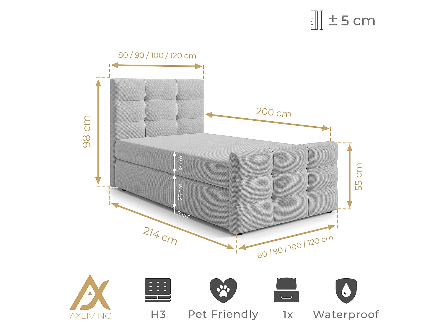 AX LIVING Lit boxspring Defne 90x200 cm noir – avec pied de lit et coffre de rangement, ressorts Bonnell H2/H3