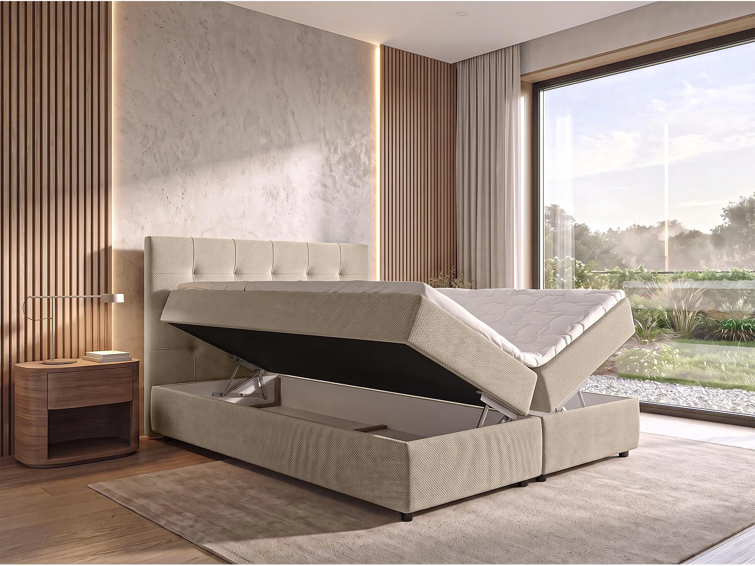 AX LIVING Lit boxspring Sakarya 180x200 cm crème – ensemble complet avec surmatelas et coffre de rangement, H2/H3