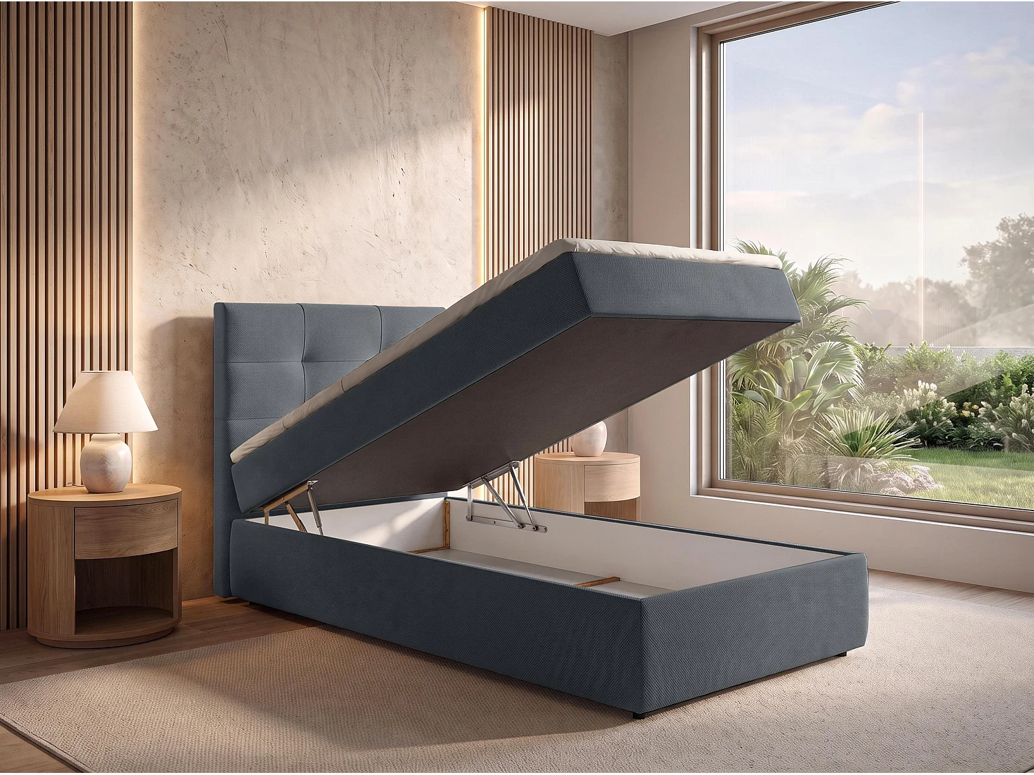 AX LIVING Boxspring Sakarya 90x200 cm donkergrijs – complete set met topper en opbergruimte, H2/H3