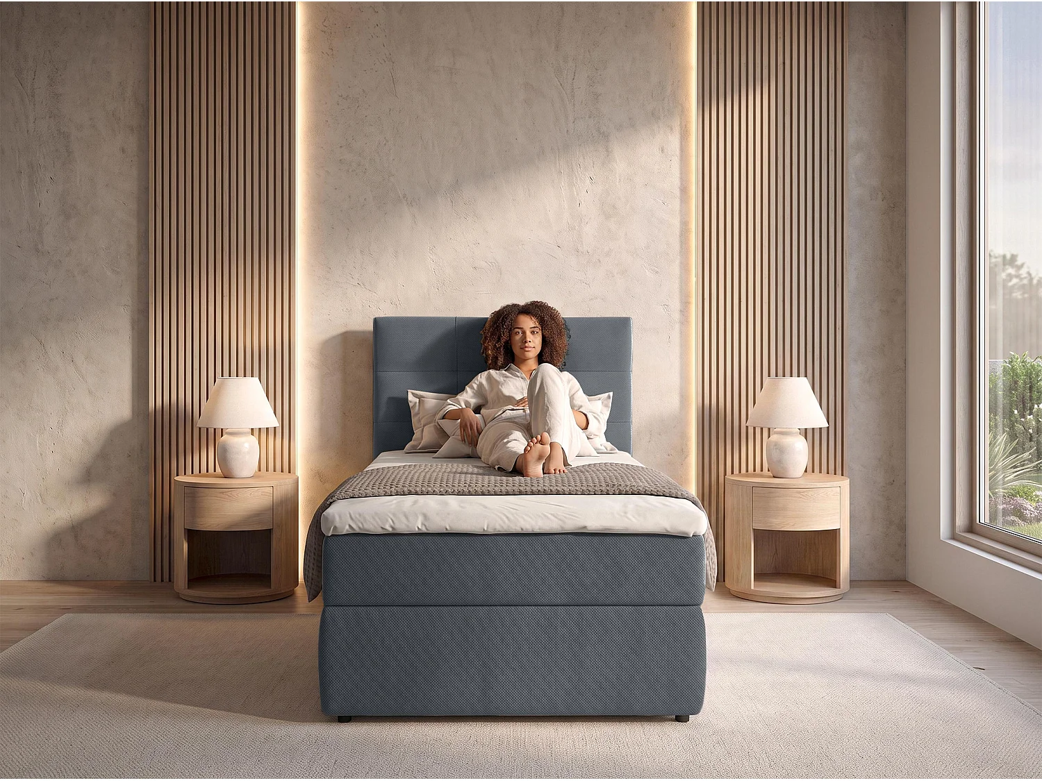 AX LIVING Boxspring Sakarya 90x200 cm donkergrijs – complete set met topper en opbergruimte, H2/H3