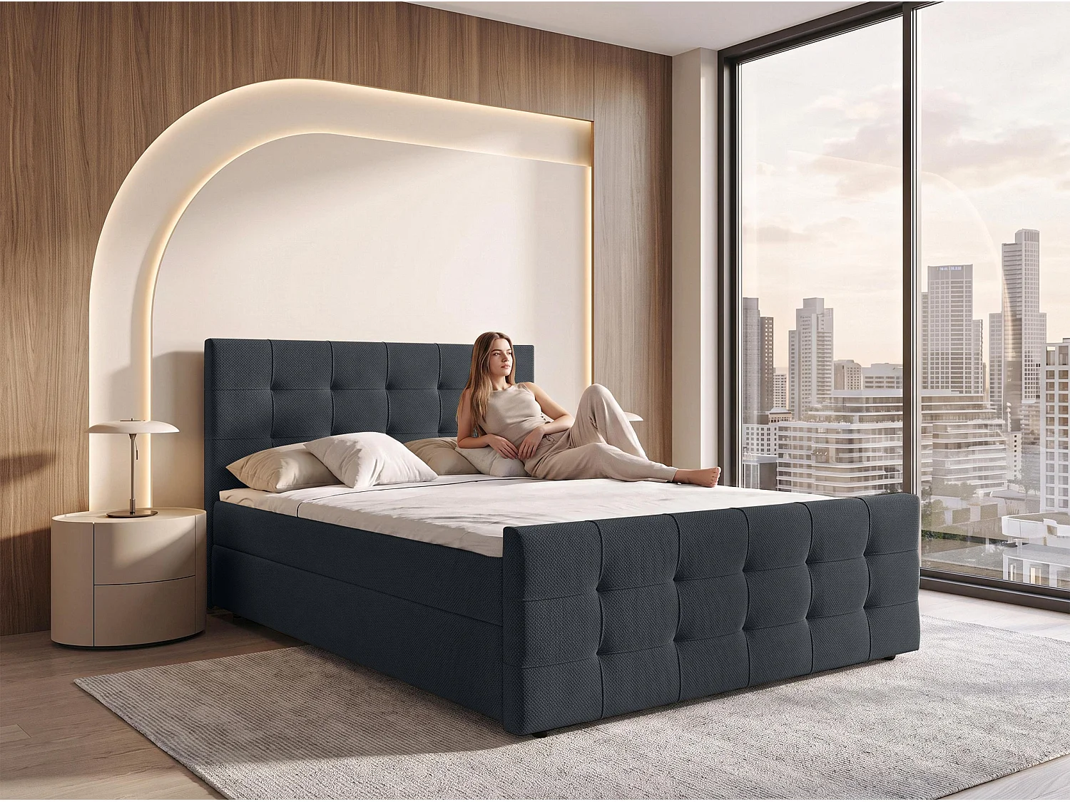 AX LIVING Lit boxspring Defne 140x200 cm noir – ensemble complet avec surmatelas et pied de lit, H2/H3