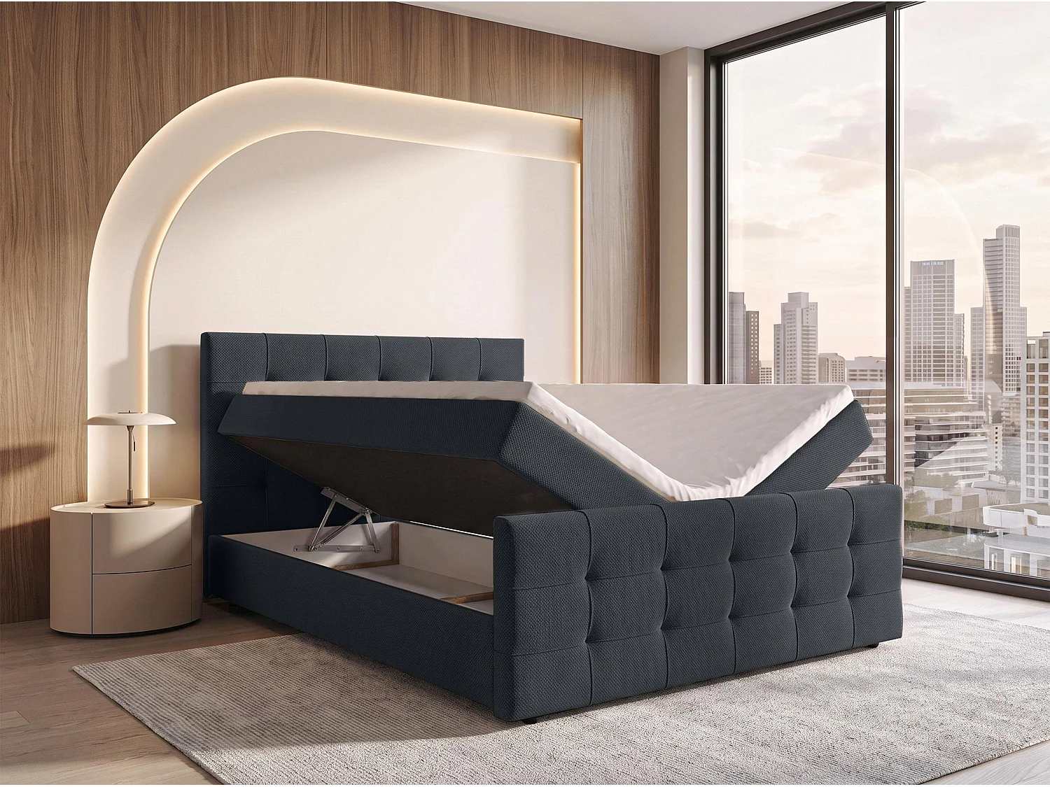 AX LIVING Lit boxspring Defne 140x200 cm noir – ensemble complet avec surmatelas et pied de lit, H2/H3