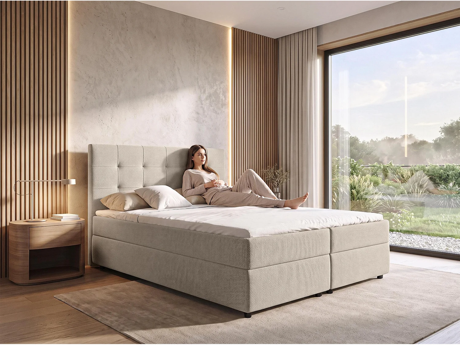 AX LIVING Boxspringbett 160x200 cm Sakarya Beige - mit Bettkasten, Bonell H2/H3 (ohne Topper)