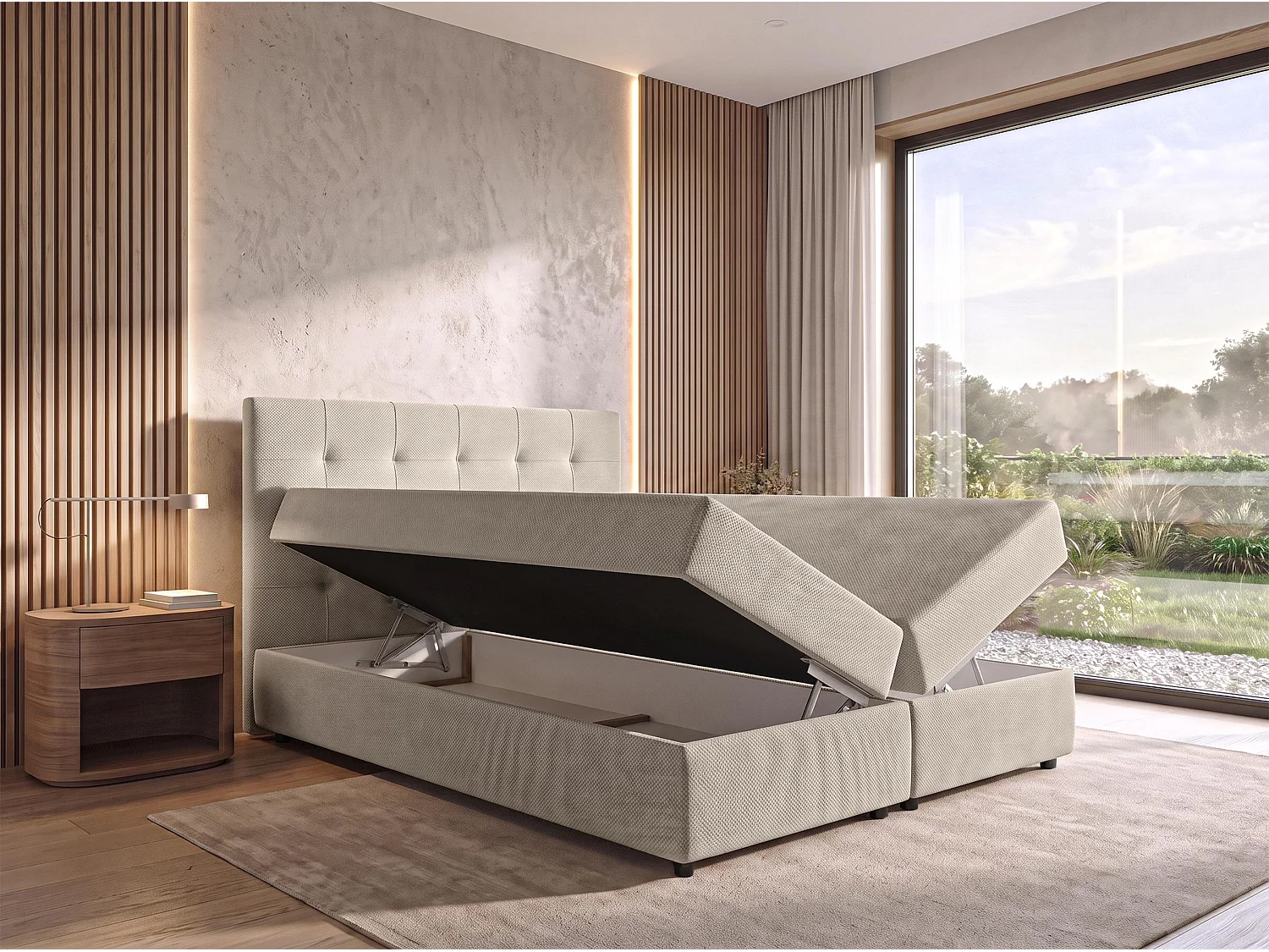 AX LIVING Boxspringbett 160x200 cm Sakarya Beige - mit Bettkasten, Bonell H2/H3 (ohne Topper)