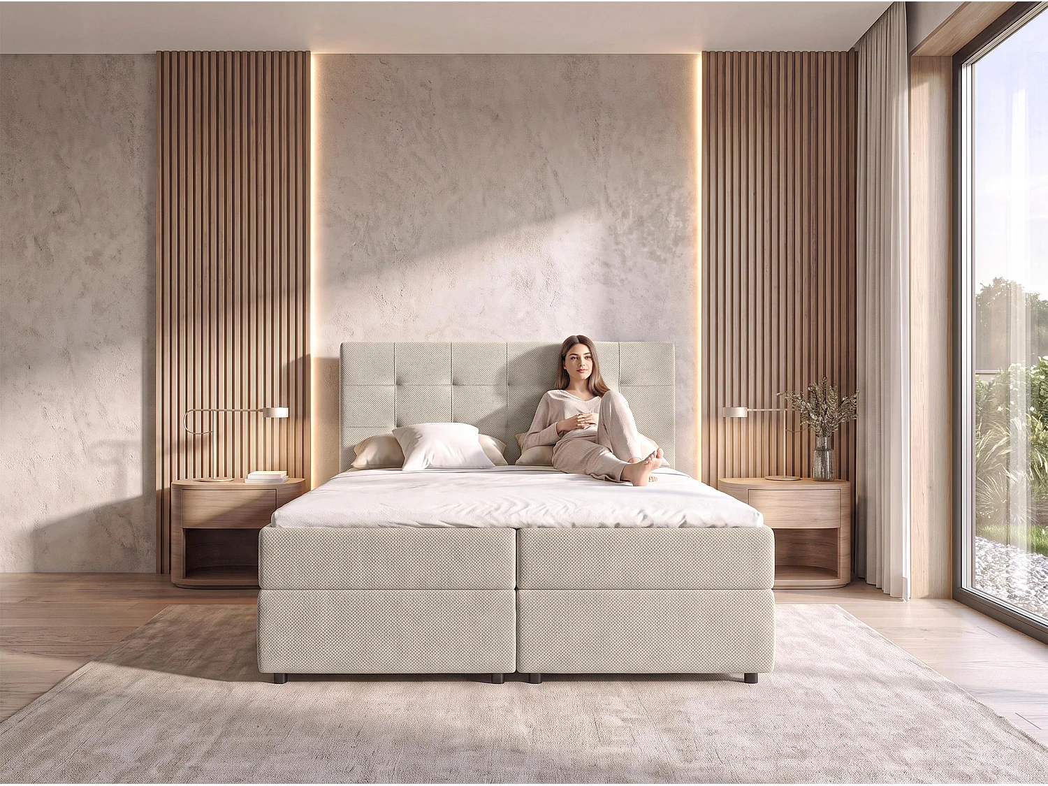 AX LIVING Boxspringbett 160x200 cm Sakarya Beige - mit Bettkasten, Bonell H2/H3 (ohne Topper)