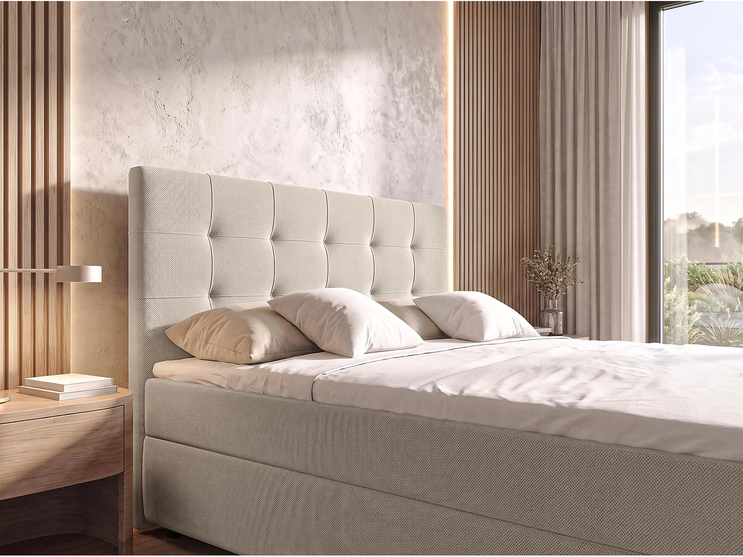 AX LIVING Boxspringbett 160x200 cm Sakarya Beige - mit Bettkasten, Bonell H2/H3 (ohne Topper)
