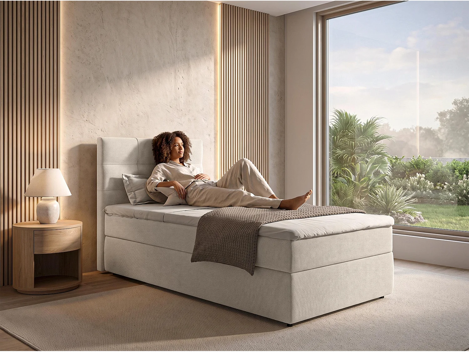 AX LIVING Lit boxspring Sakarya 100x200 cm beige – ensemble complet avec surmatelas et coffre de rangement, H2/H3