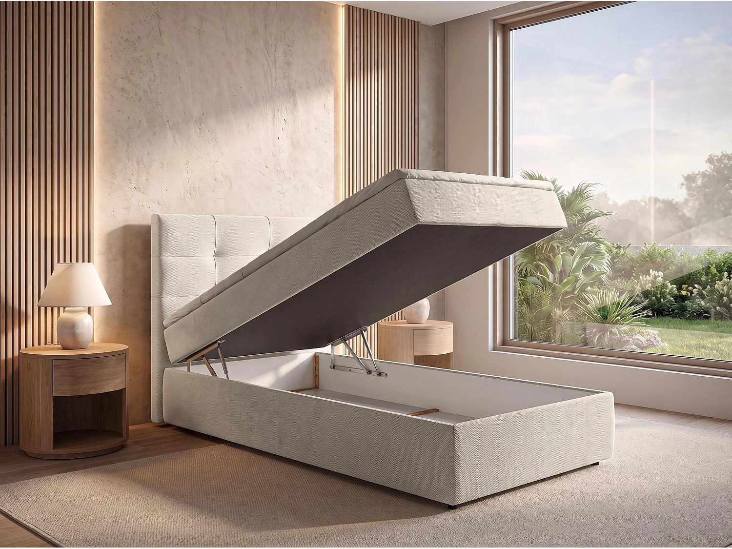 AX LIVING Lit boxspring Sakarya 100x200 cm beige – ensemble complet avec surmatelas et coffre de rangement, H2/H3