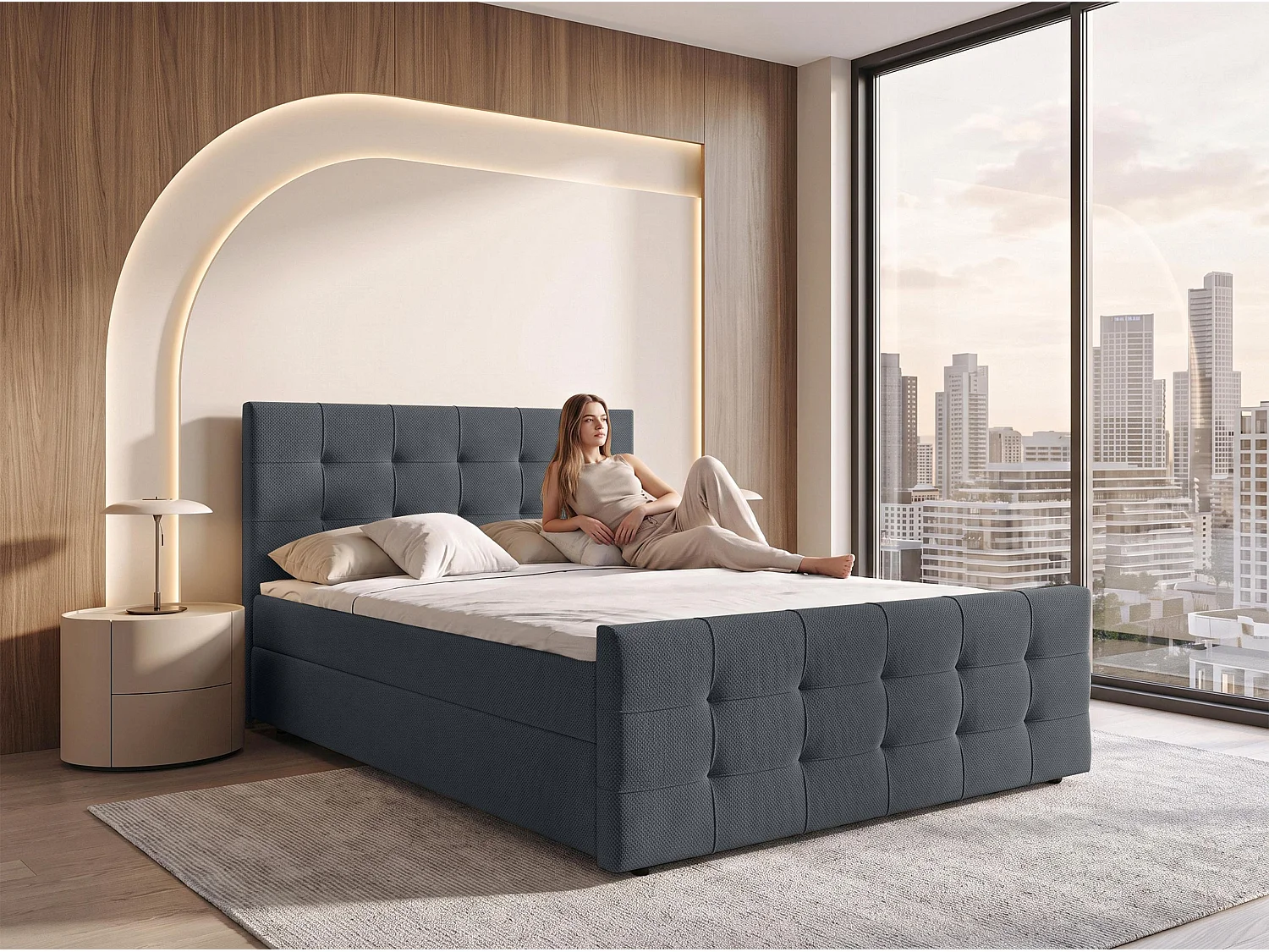 AX LIVING Lit boxspring Defne 140x200 cm gris foncé – avec pied de lit et coffre de rangement, ressorts Bonnell H2/H3