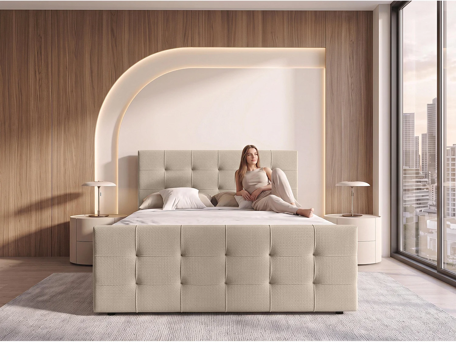 AX LIVING Lit boxspring Defne 160x200 cm crème – ensemble complet avec surmatelas et pied de lit, H2/H3