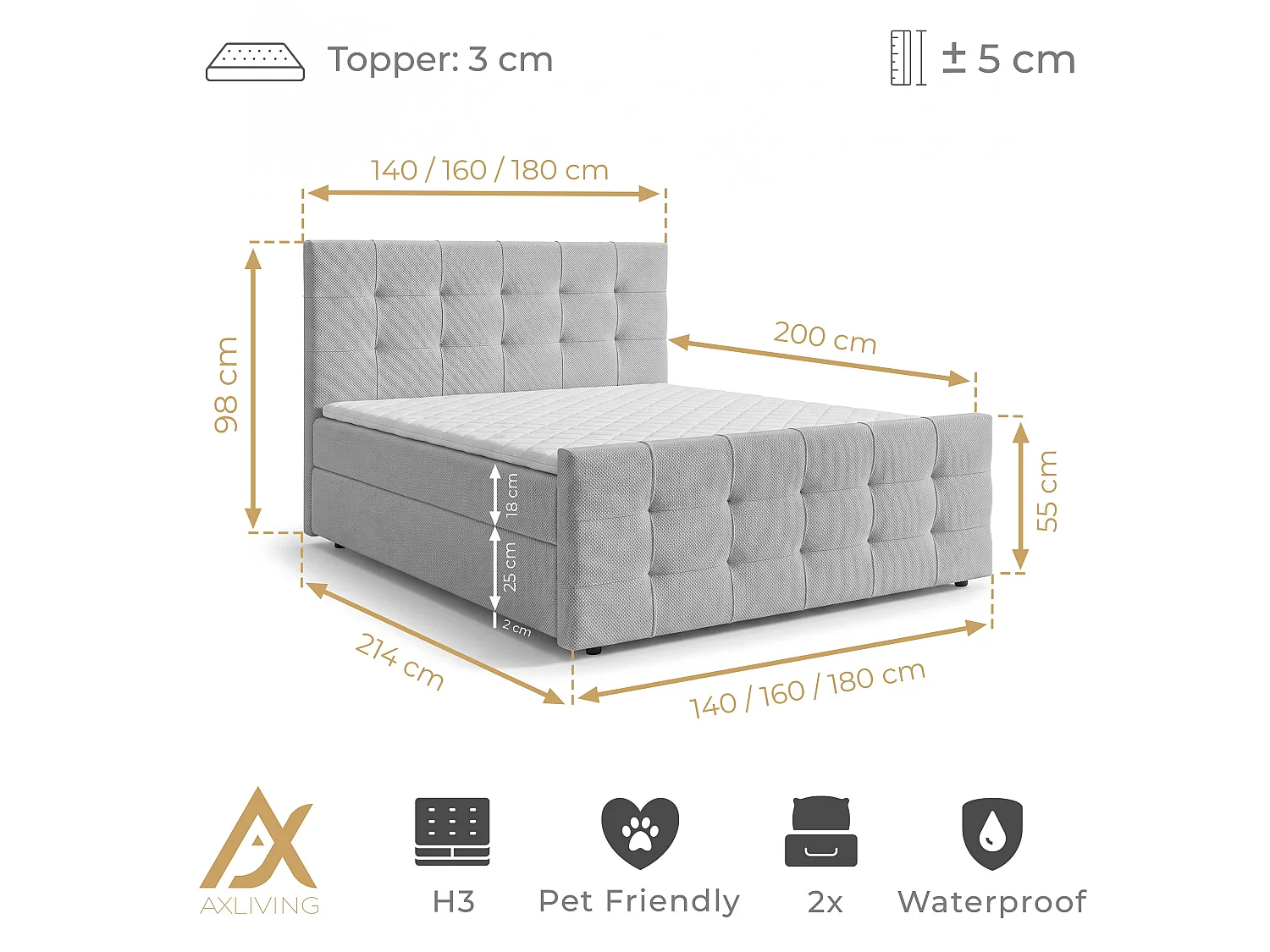 AX LIVING Lit boxspring Defne 160x200 cm crème – ensemble complet avec surmatelas et pied de lit, H2/H3