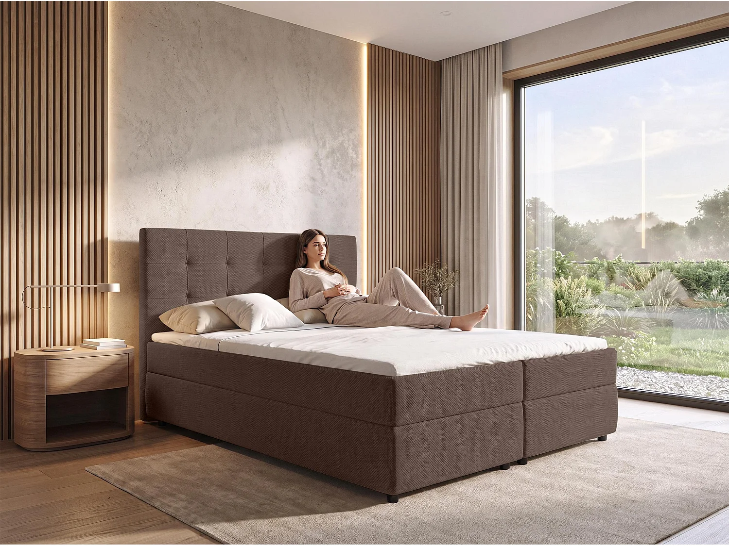 AX LIVING Lit boxspring Sakarya 140x200 cm marron – ensemble complet avec surmatelas et coffre de rangement, H2/H3