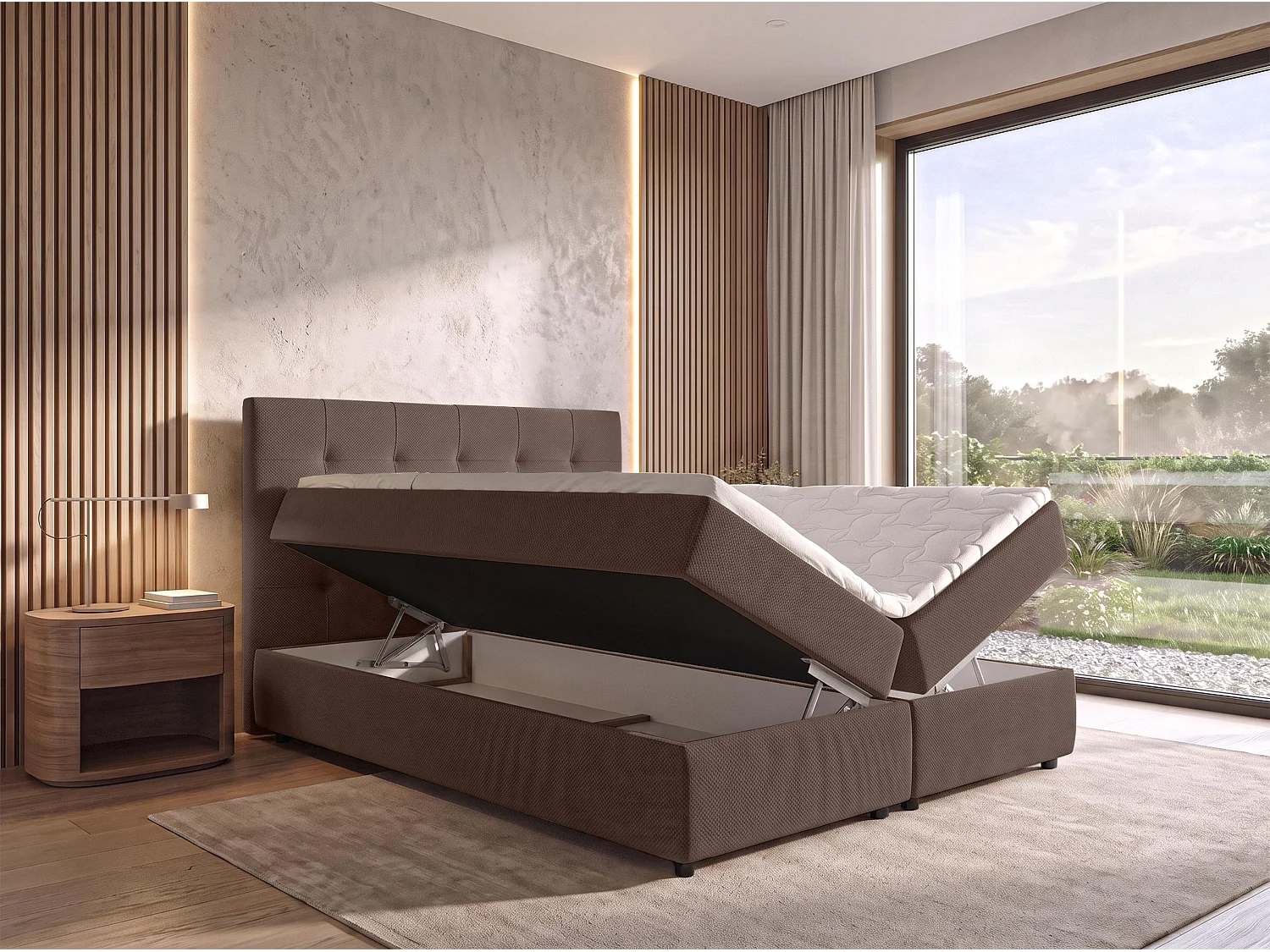 AX LIVING Lit boxspring Sakarya 140x200 cm marron – ensemble complet avec surmatelas et coffre de rangement, H2/H3