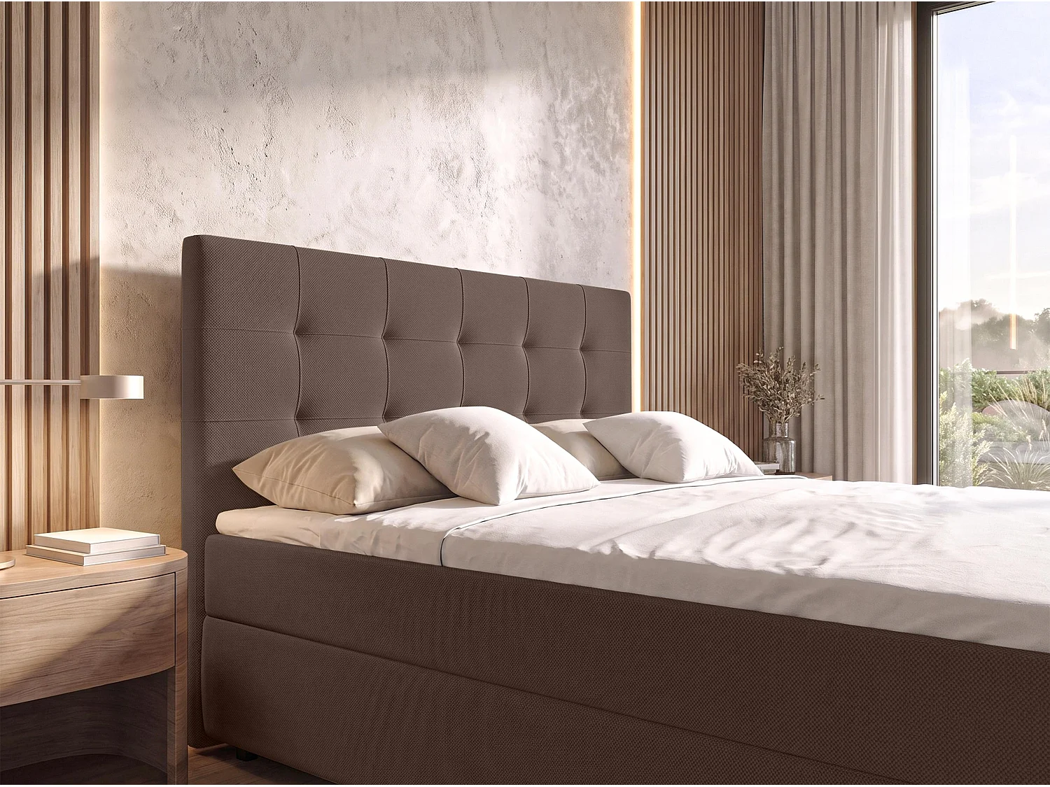 AX LIVING Lit boxspring Sakarya 140x200 cm marron – ensemble complet avec surmatelas et coffre de rangement, H2/H3