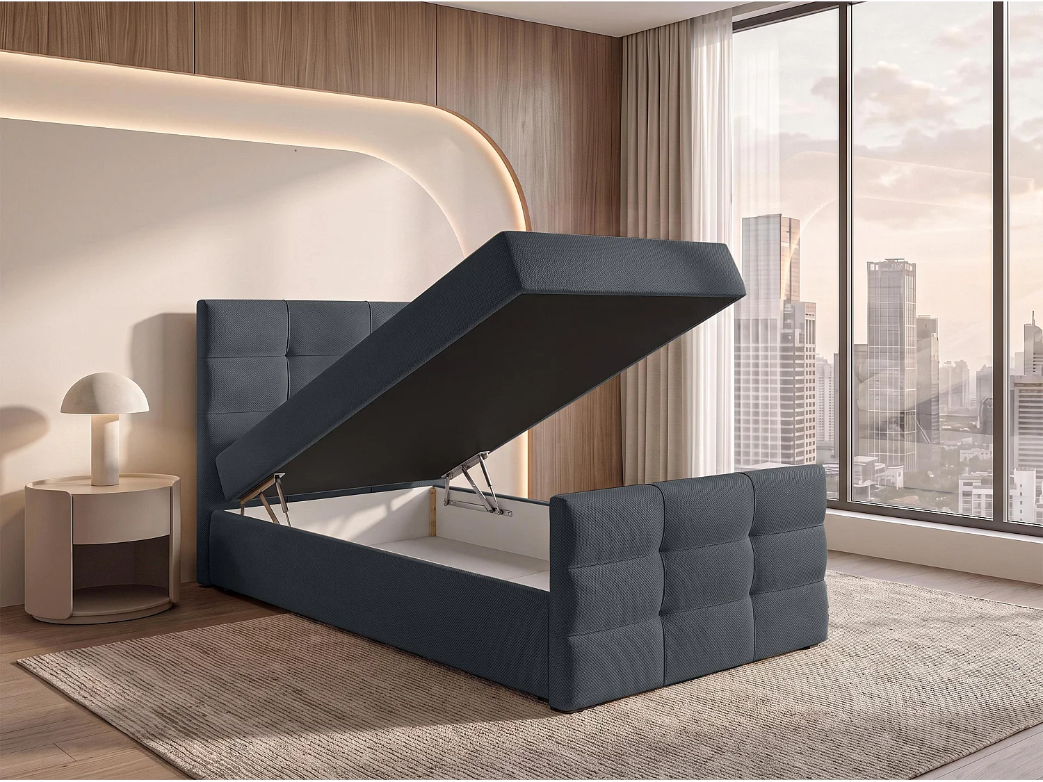 AX LIVING Lit boxspring Defne 100x200 cm gris foncé – avec pied de lit et coffre de rangement, ressorts Bonnell H2/H3