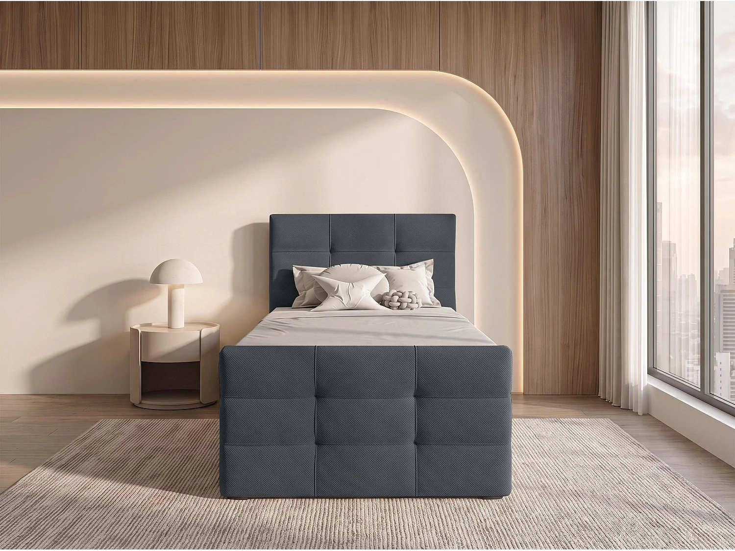 AX LIVING Lit boxspring Defne 100x200 cm gris foncé – avec pied de lit et coffre de rangement, ressorts Bonnell H2/H3