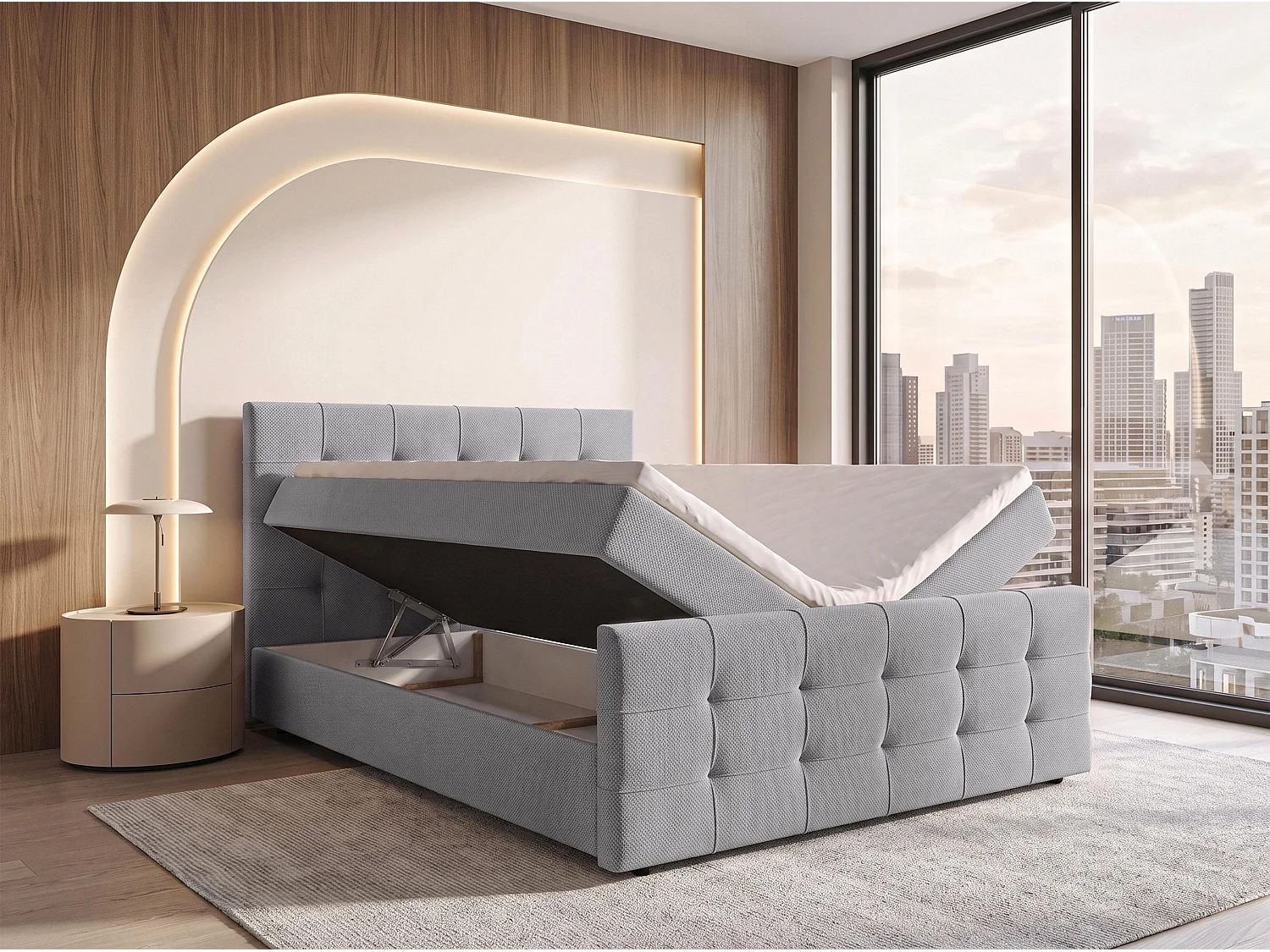 AX LIVING Lit boxspring Defne 140x200 cm gris clair – ensemble complet avec surmatelas et pied de lit, H2/H3