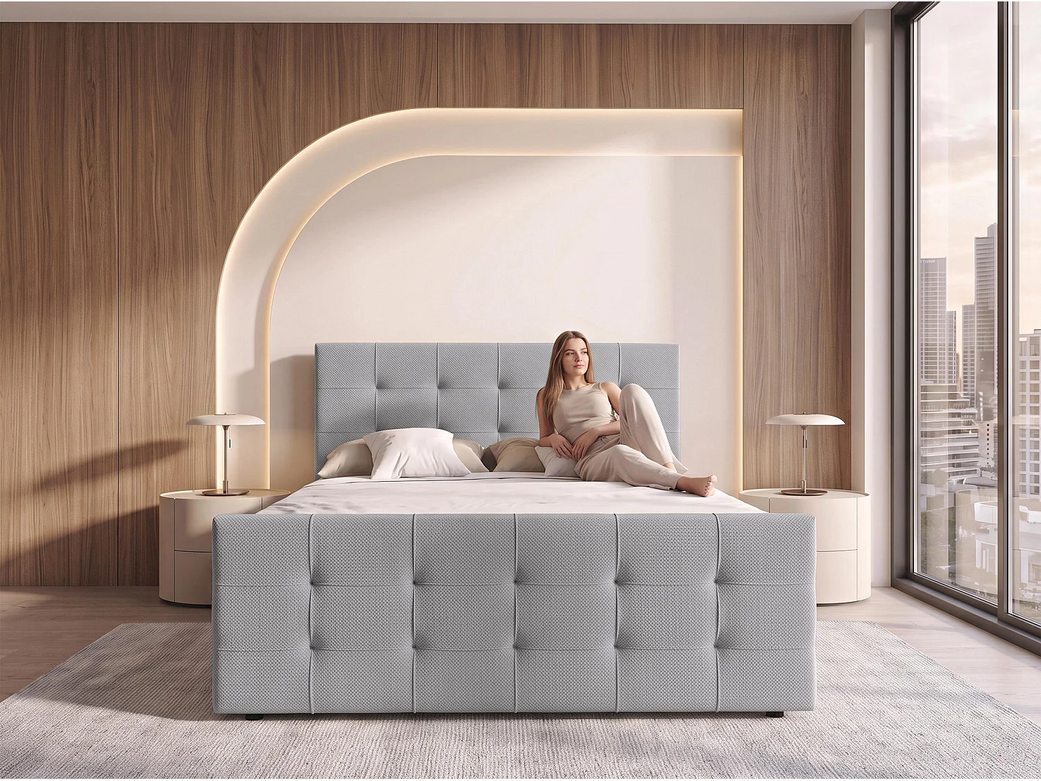 AX LIVING Lit boxspring Defne 140x200 cm gris clair – ensemble complet avec surmatelas et pied de lit, H2/H3