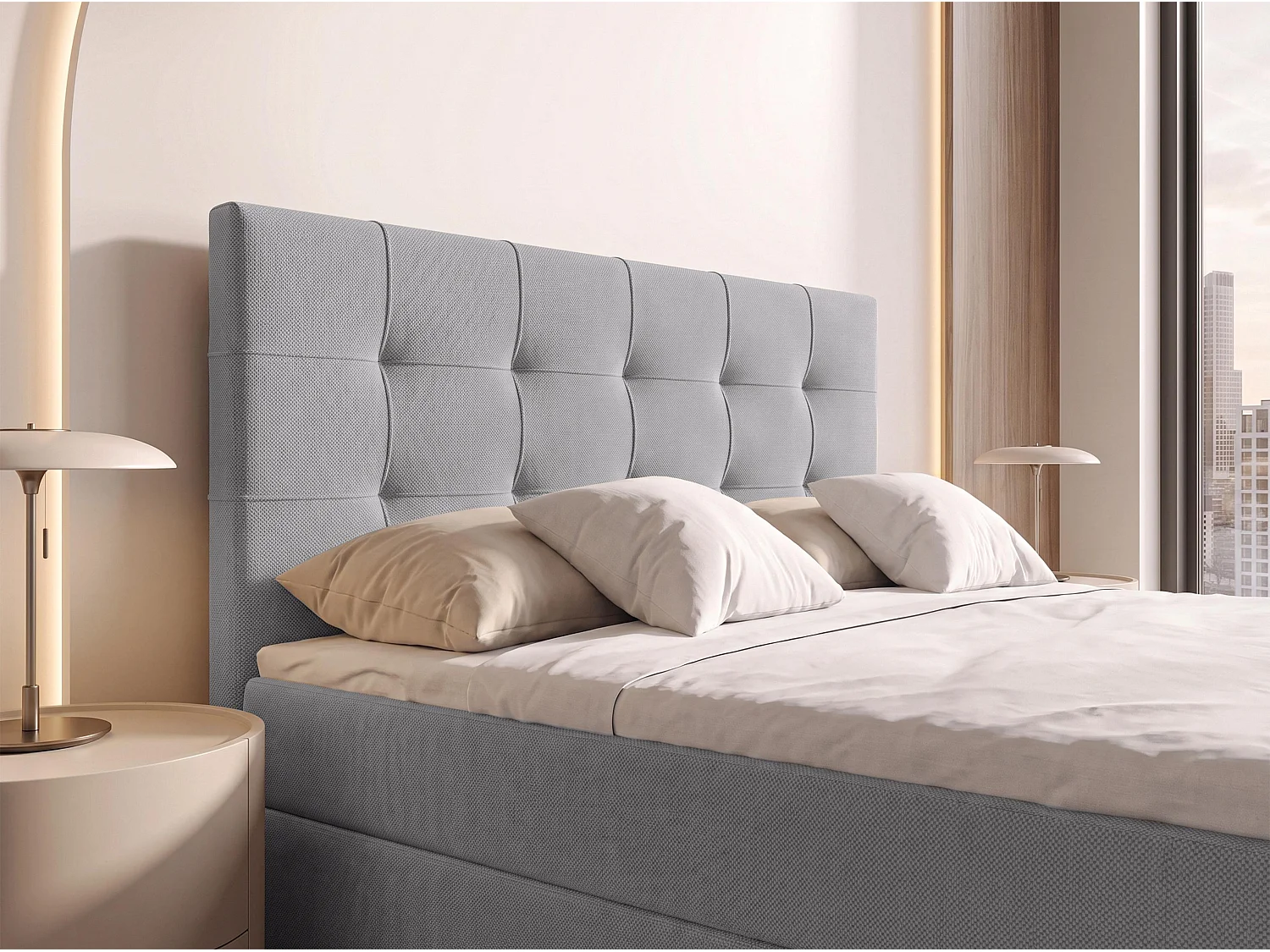 AX LIVING Lit boxspring Defne 140x200 cm gris clair – ensemble complet avec surmatelas et pied de lit, H2/H3