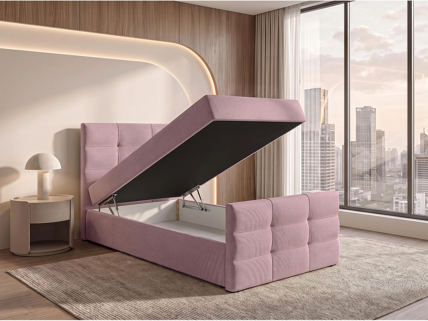 AX LIVING Lit boxspring Defne 90x200 cm vieux rose – avec pied de lit et coffre de rangement, ressorts Bonnell H2/H3