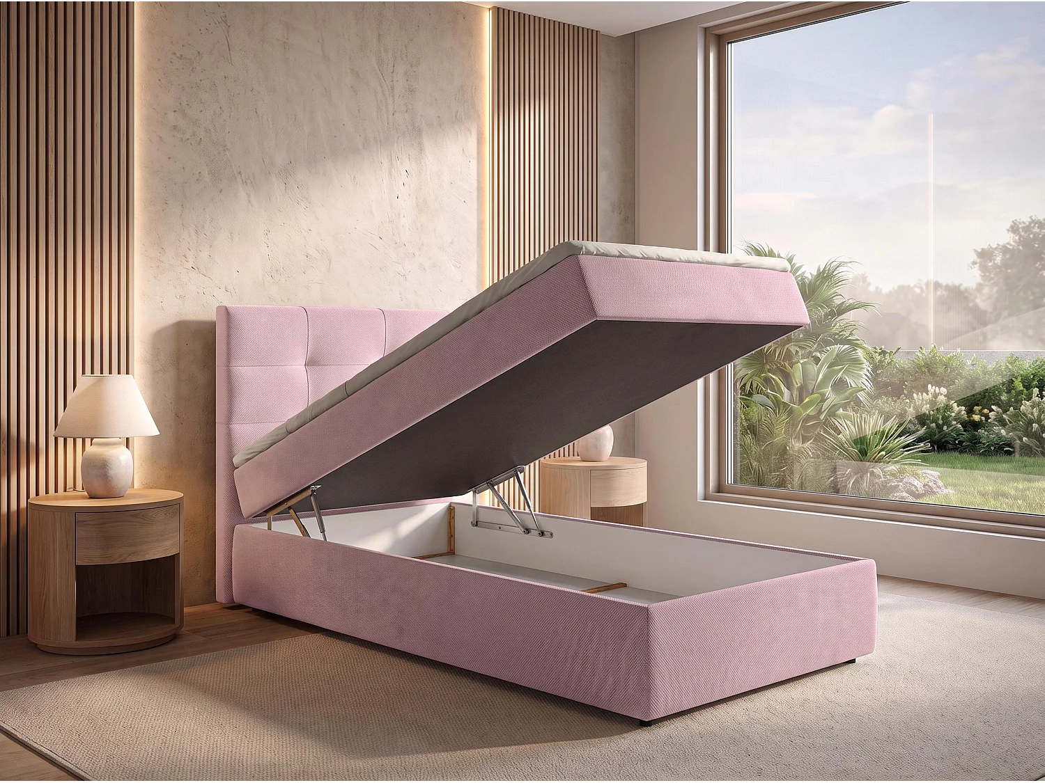 AX LIVING Lit boxspring Sakarya 100x200 cm vieux rose – ensemble complet avec surmatelas et coffre de rangement, H2/H3