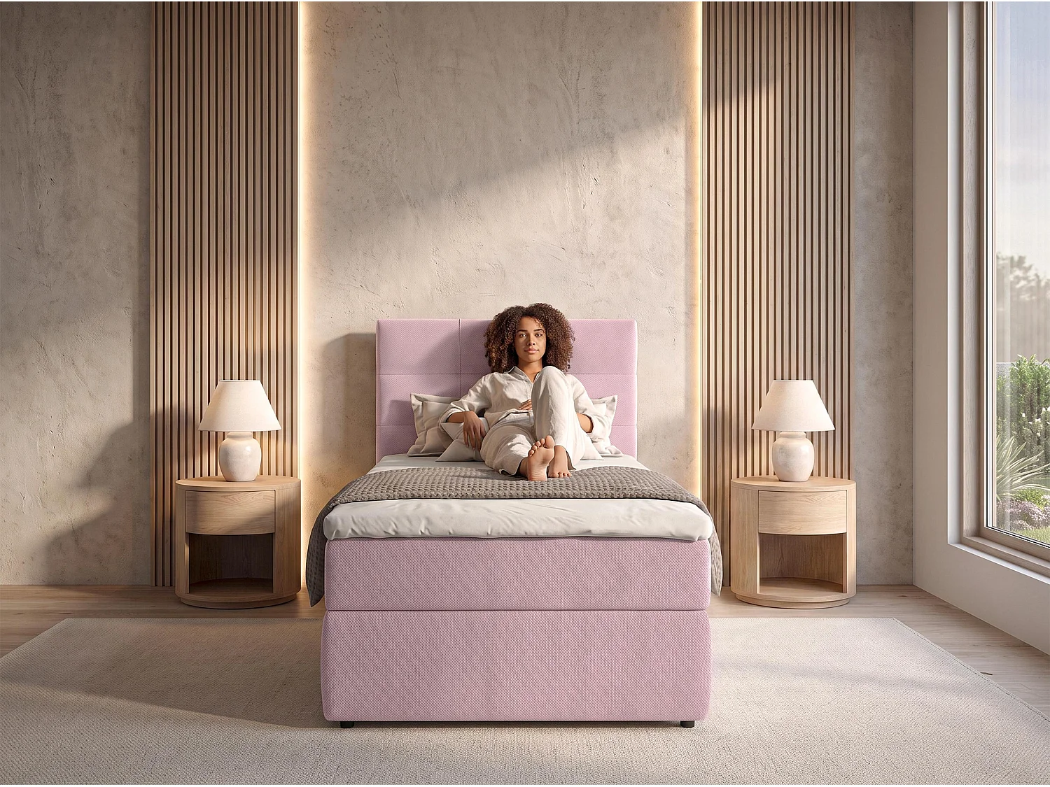 AX LIVING Lit boxspring Sakarya 100x200 cm vieux rose – ensemble complet avec surmatelas et coffre de rangement, H2/H3
