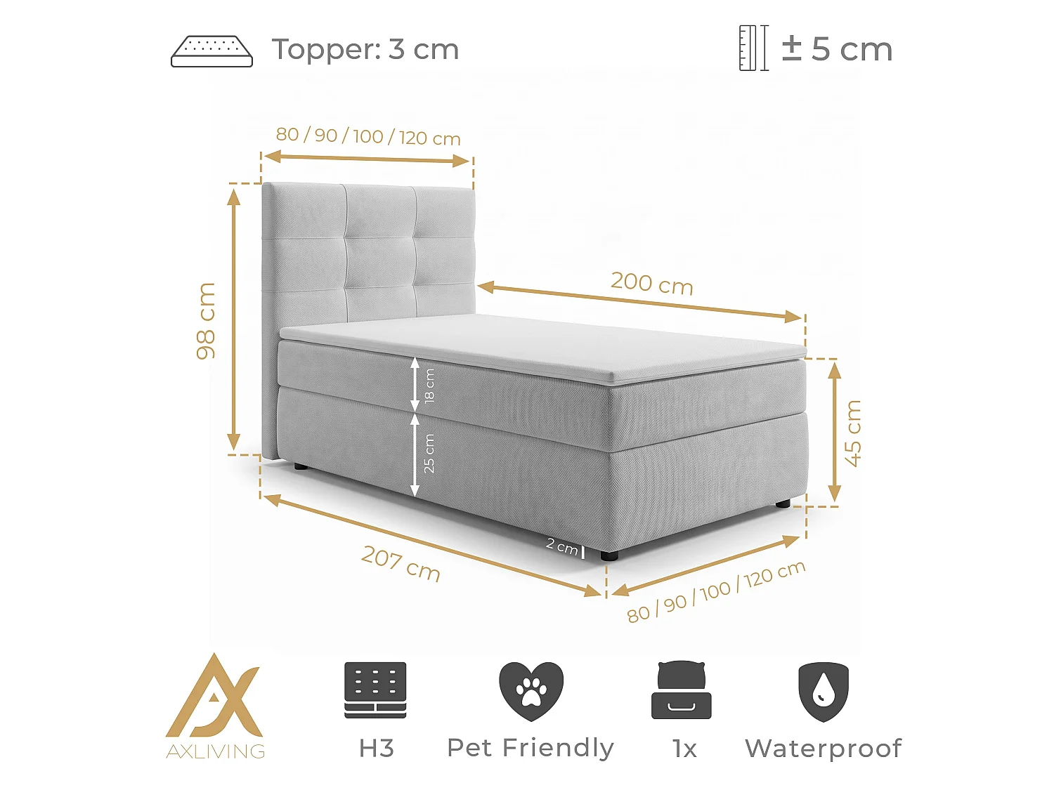 AX LIVING Lit boxspring Sakarya 100x200 cm vieux rose – ensemble complet avec surmatelas et coffre de rangement, H2/H3