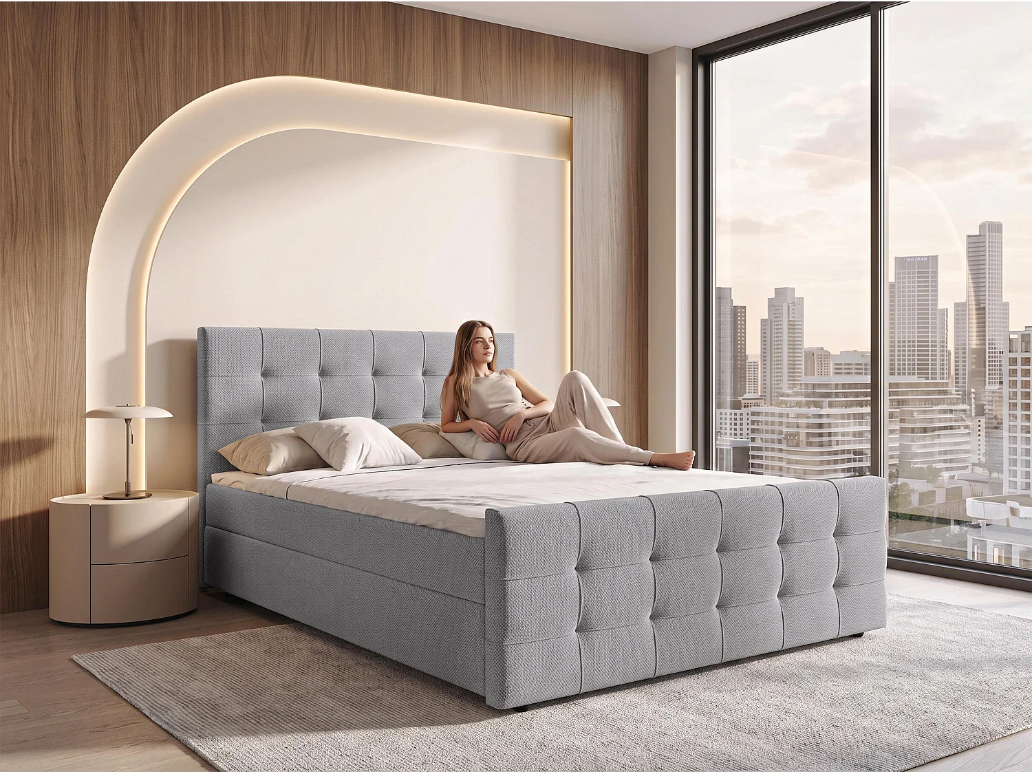 AX LIVING Lit boxspring Defne 140x200 cm gris clair – avec pied de lit et coffre de rangement, ressorts Bonnell H2/H3