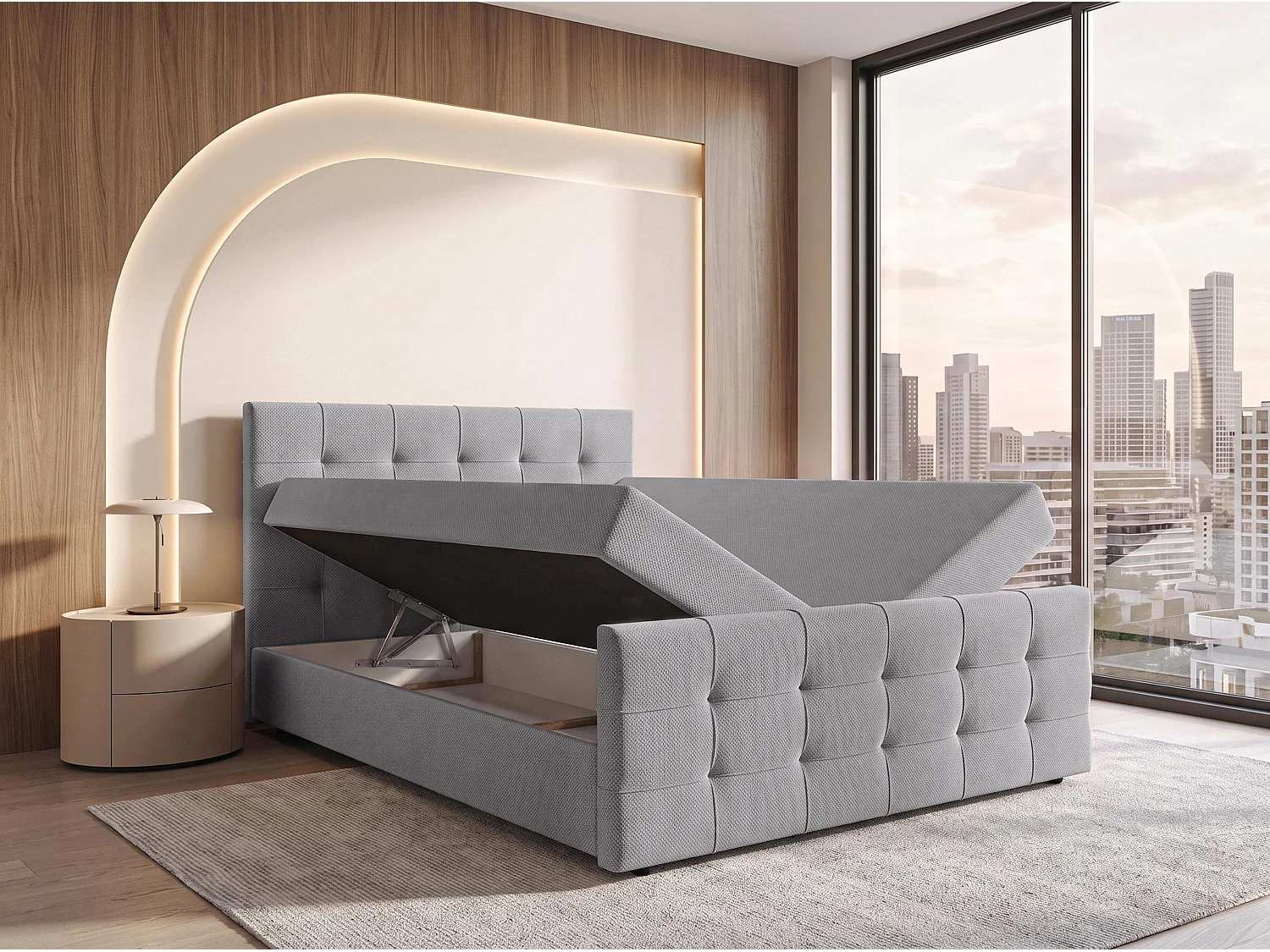 AX LIVING Lit boxspring Defne 140x200 cm gris clair – avec pied de lit et coffre de rangement, ressorts Bonnell H2/H3