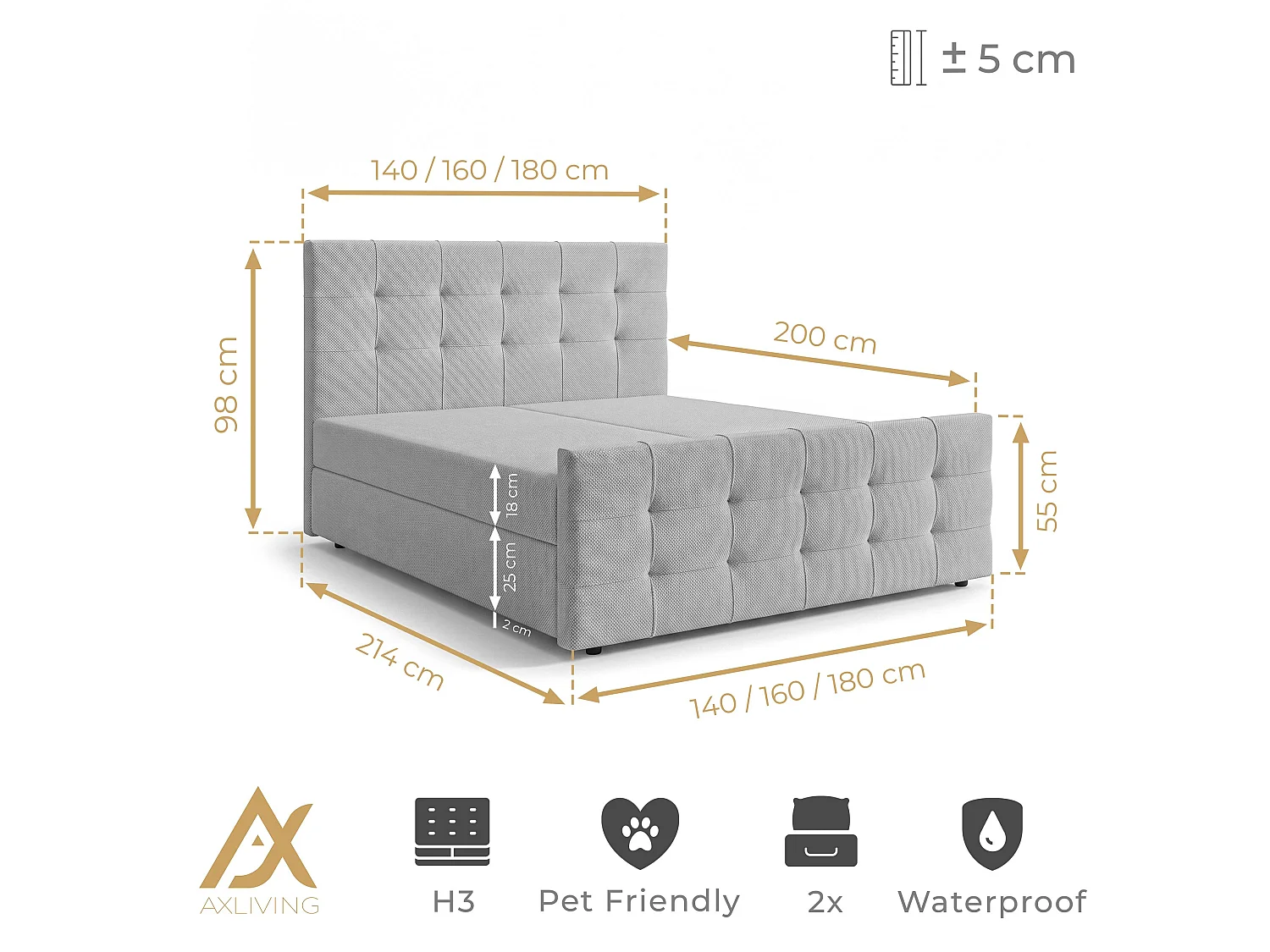 AX LIVING Lit boxspring Defne 140x200 cm gris clair – avec pied de lit et coffre de rangement, ressorts Bonnell H2/H3