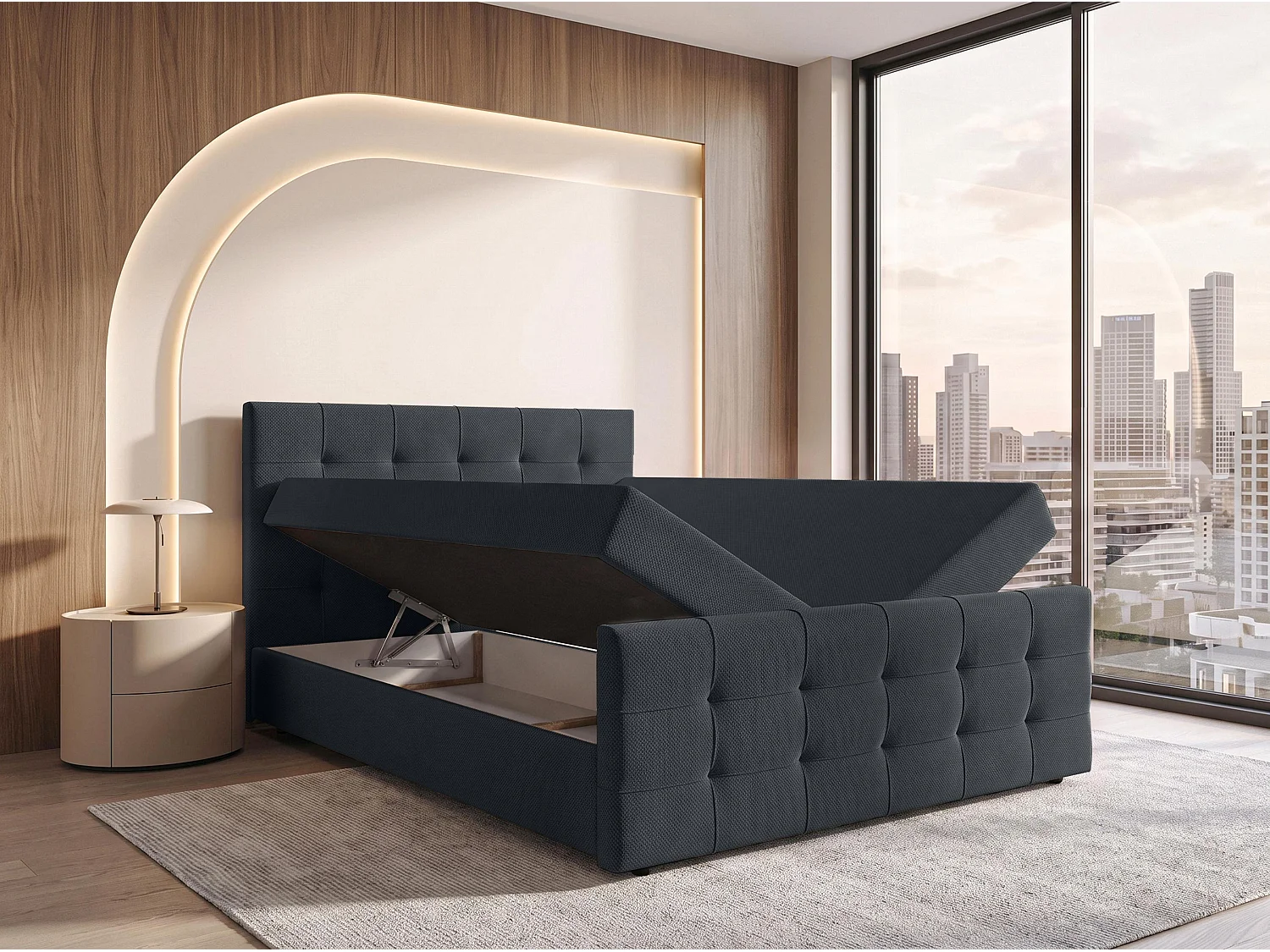 AX LIVING Lit boxspring Defne 140x200 cm noir – avec pied de lit et coffre de rangement, ressorts Bonnell H2/H3