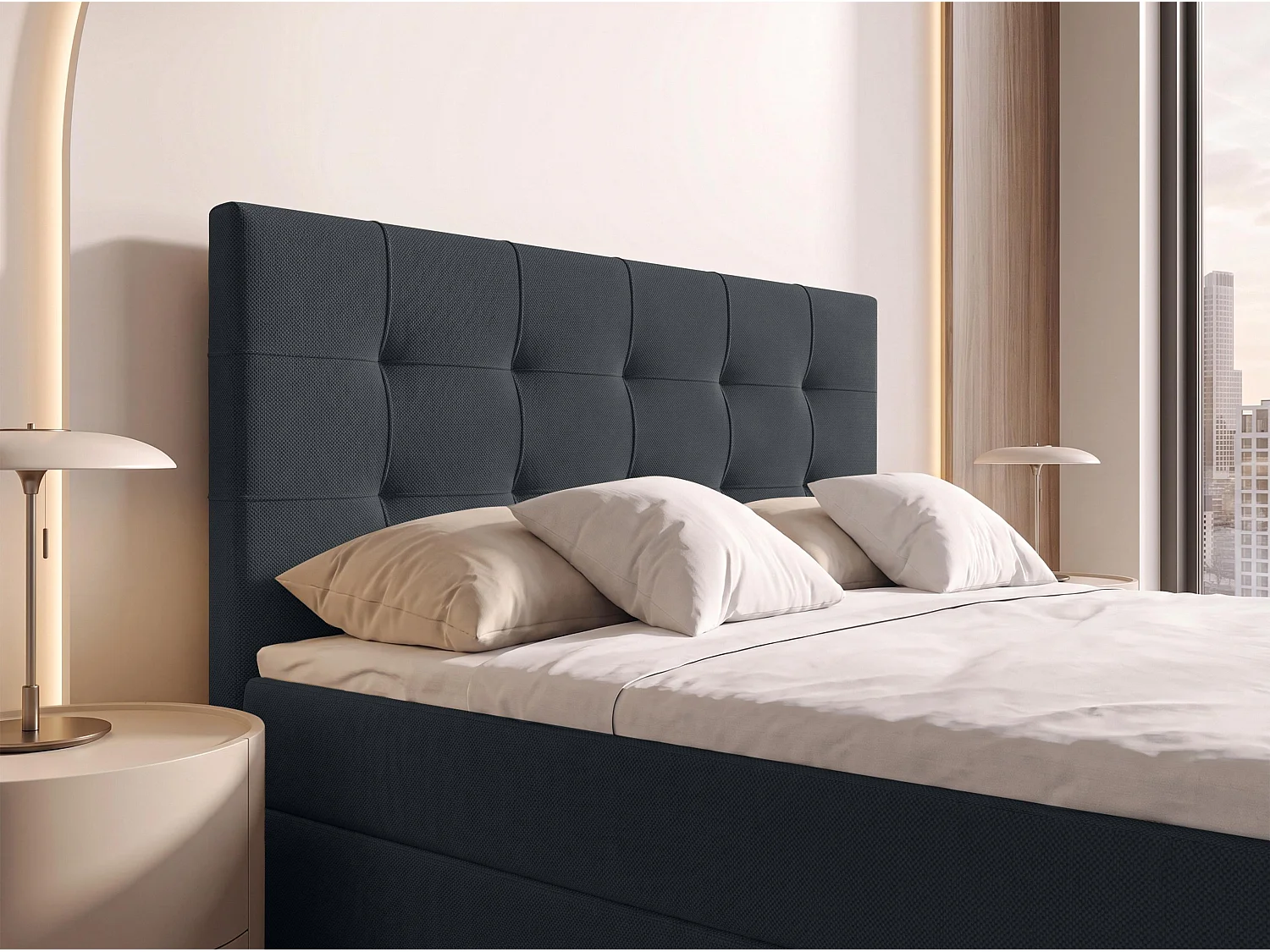 AX LIVING Lit boxspring Defne 140x200 cm noir – avec pied de lit et coffre de rangement, ressorts Bonnell H2/H3